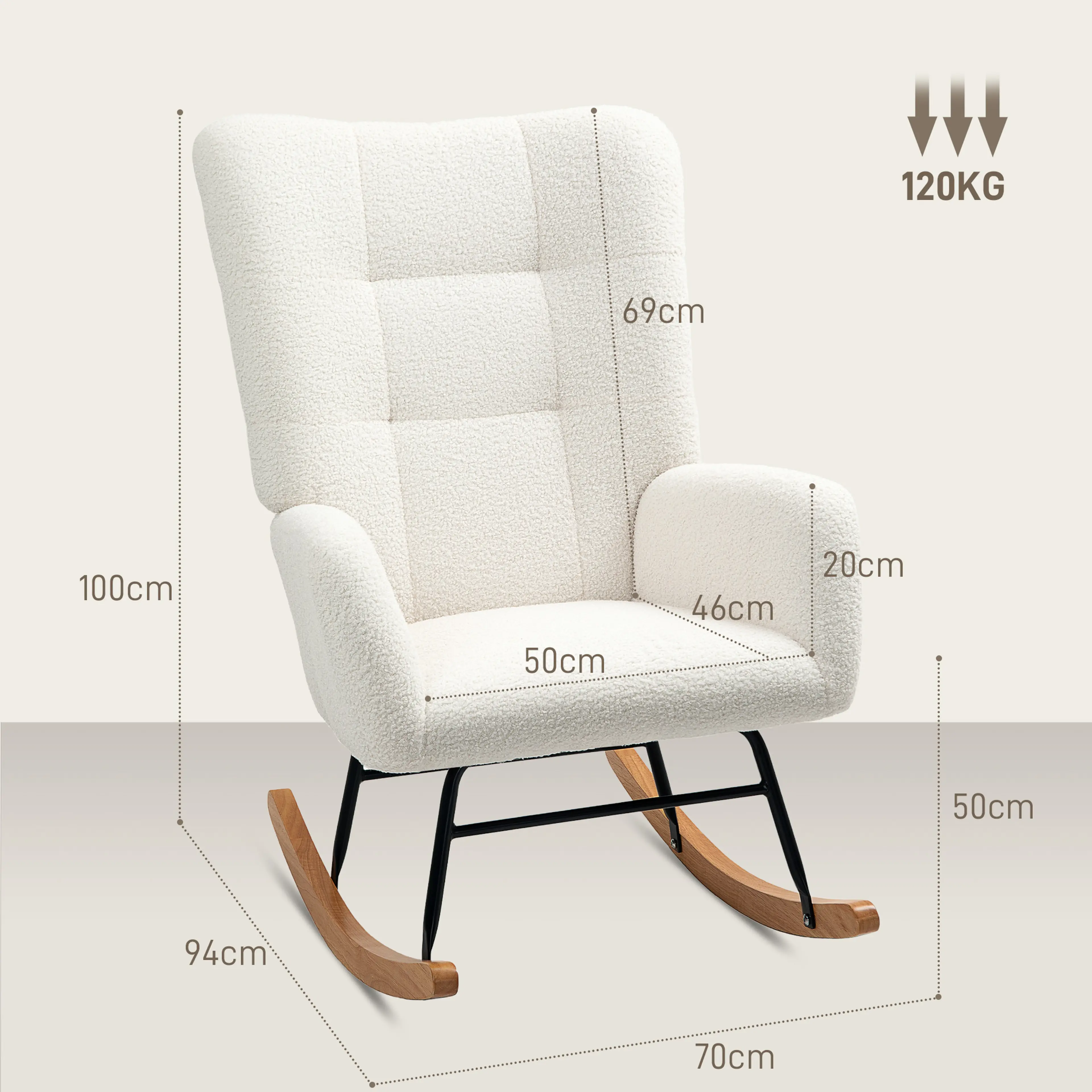 Måttskiss: 94 × 70 cm golvyta, 100 cm höjd och 120 kg maxlast