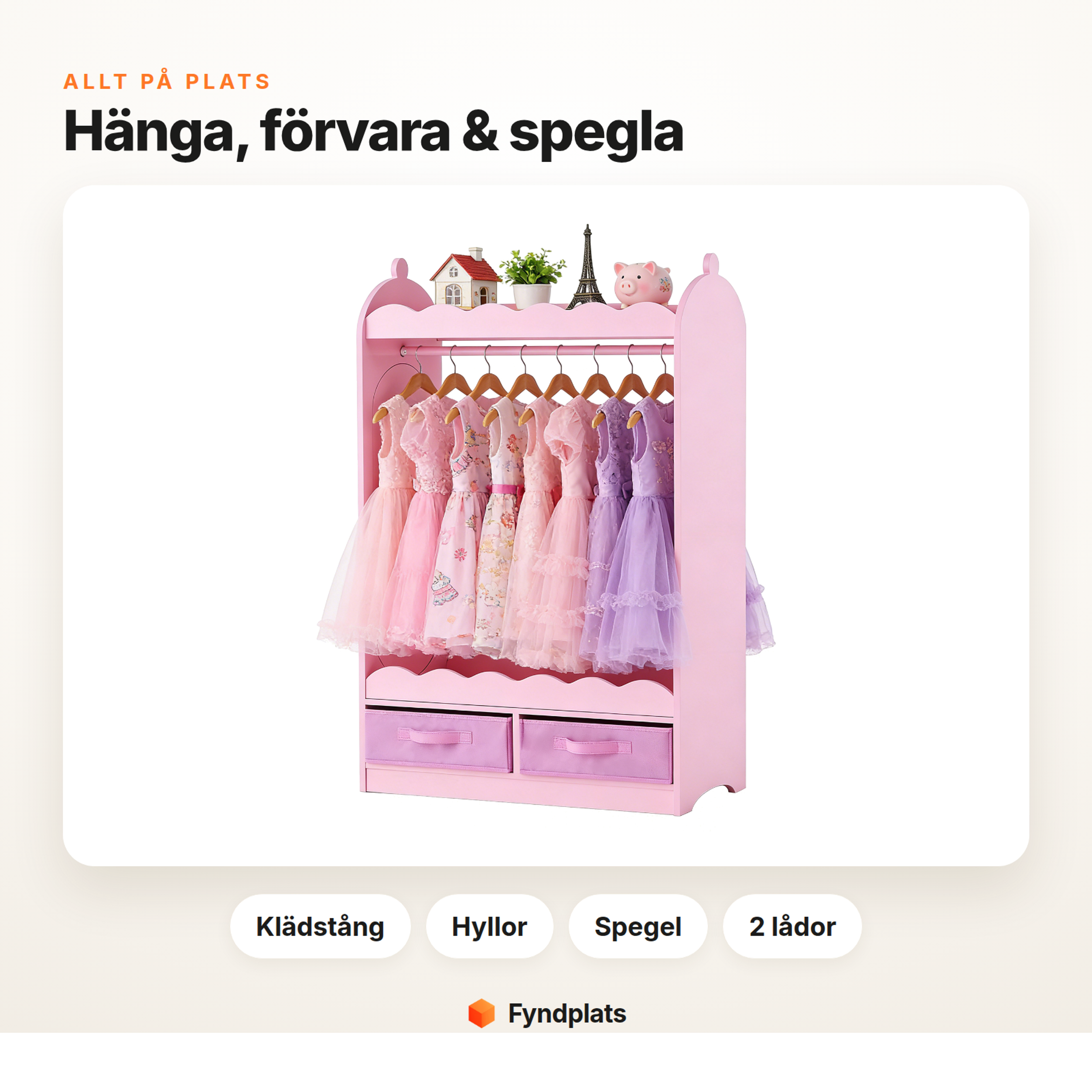 Utklädningsgarderob med klädstång, hyllor, spegel och 2 tyglådor