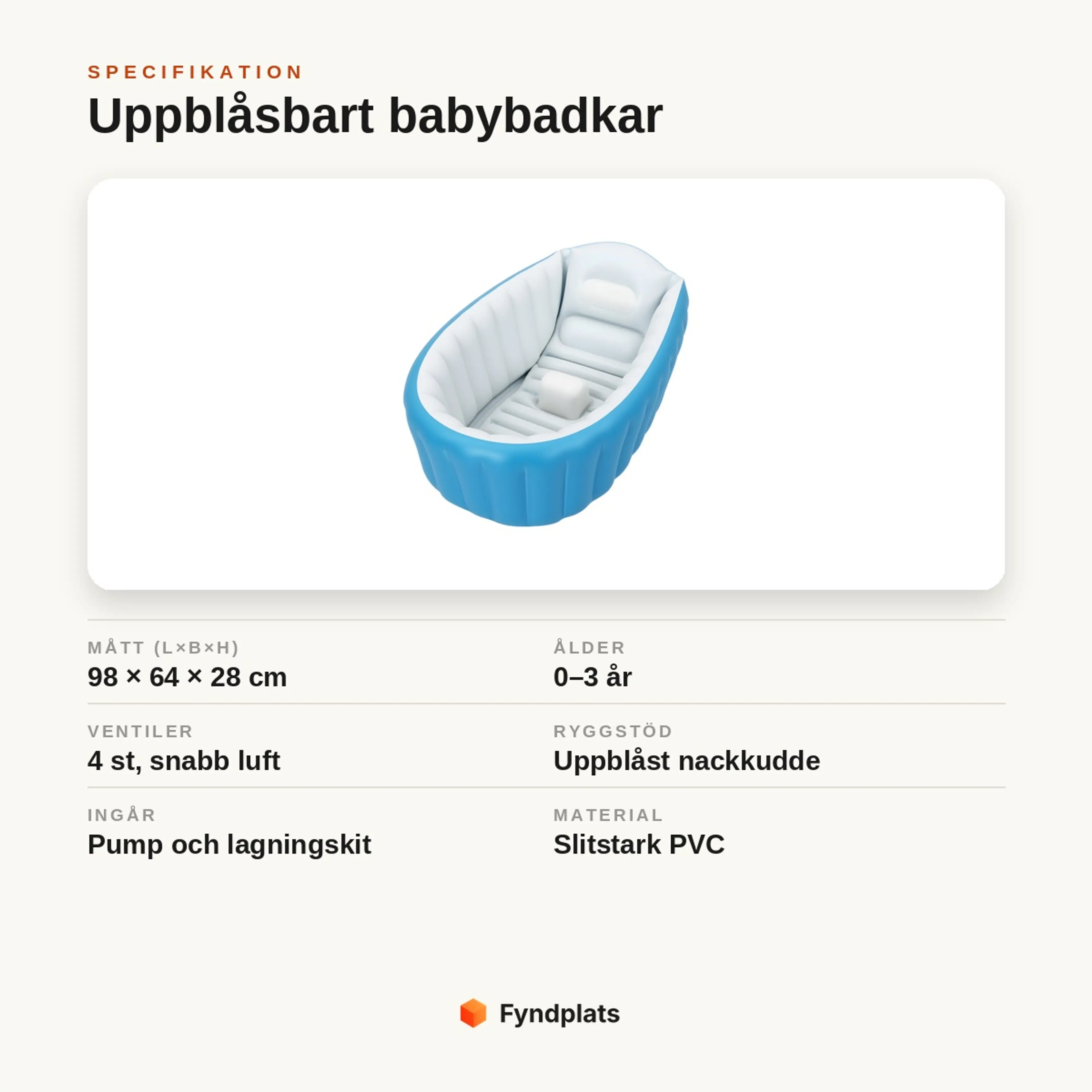 Specifikation: uppblåsbart babybadkar 98×64×28 cm för 0–3 år med fyra ventiler, pump och lagningskit