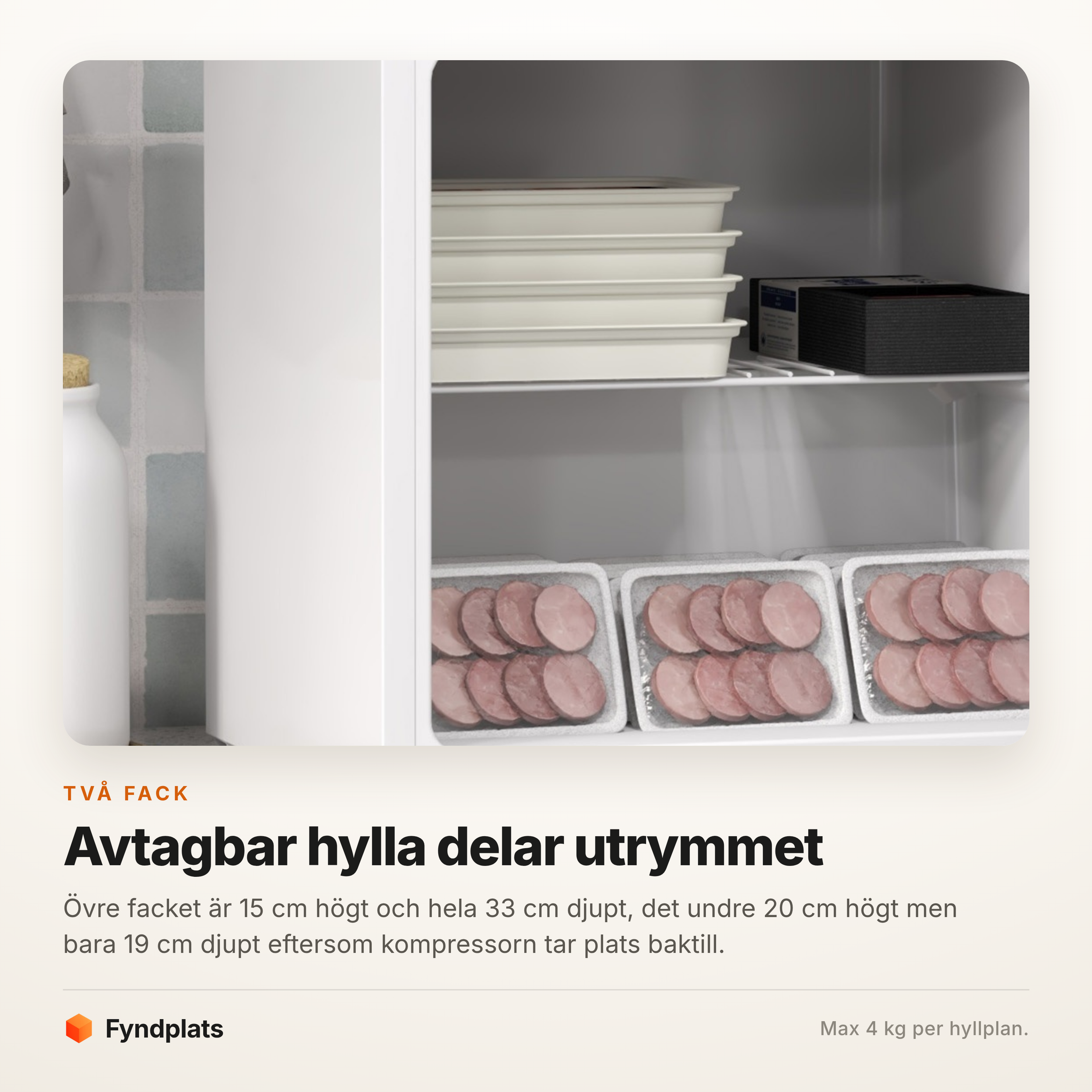 Minifrysen öppen med avtagbar hylla och matlådor i två fack