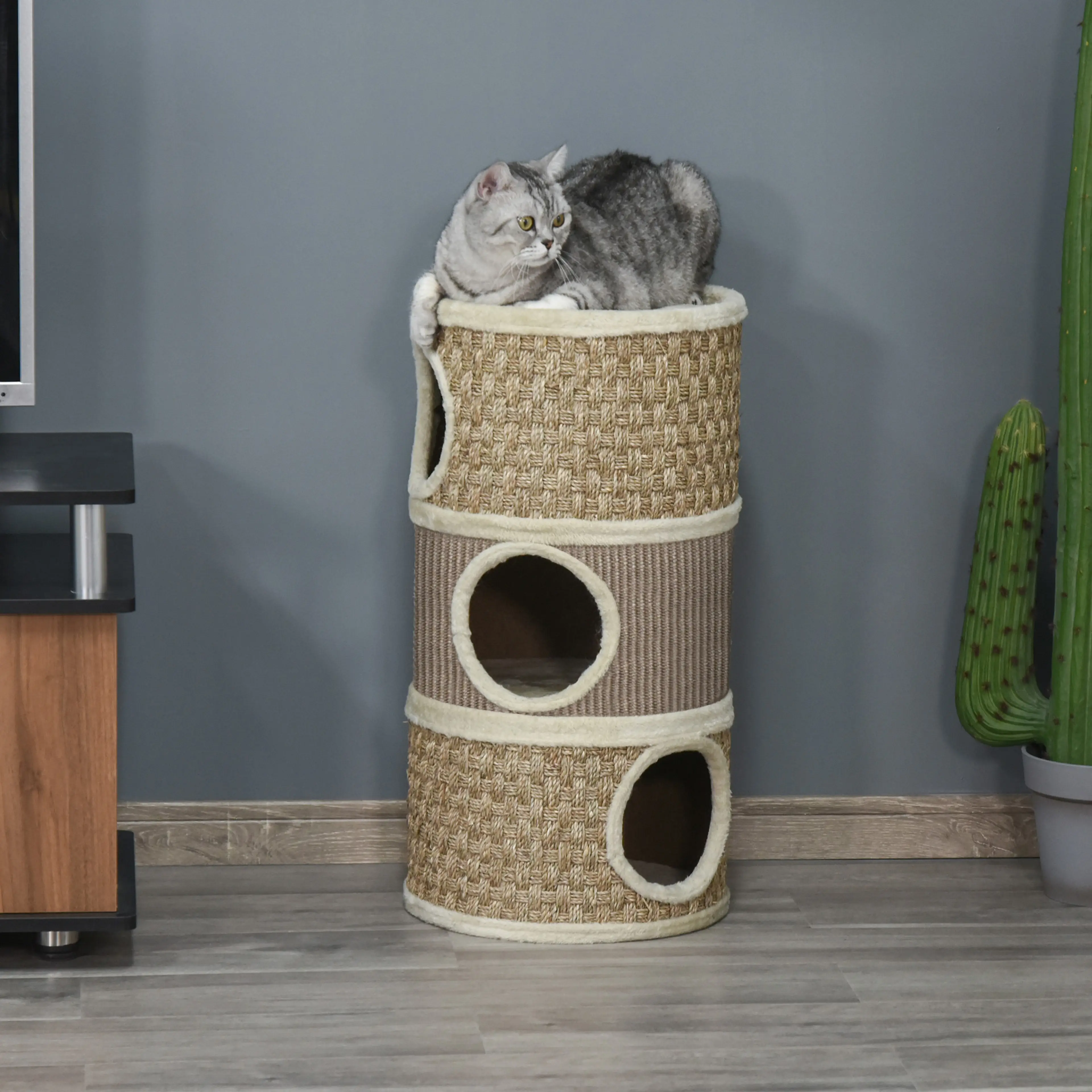 Kattträd med Klöspelare i Sisal – Tunnformad Klösmöbel med 3 Kojor
