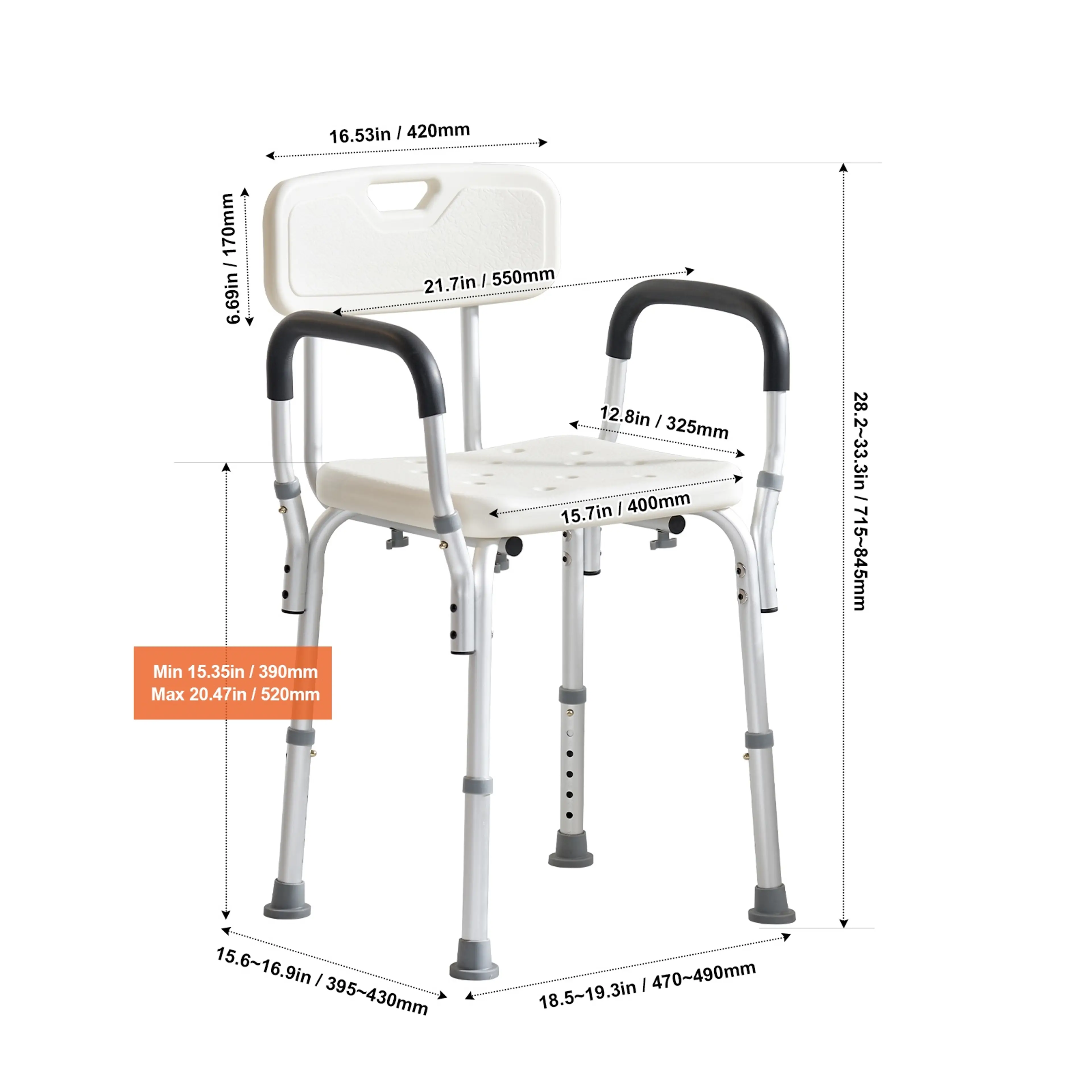 Måttskiss för duschstolen: sits 400 × 325 mm, 550 mm mellan armstöden, totalhöjd 715–845 mm och sitthöjd 390–520 mm