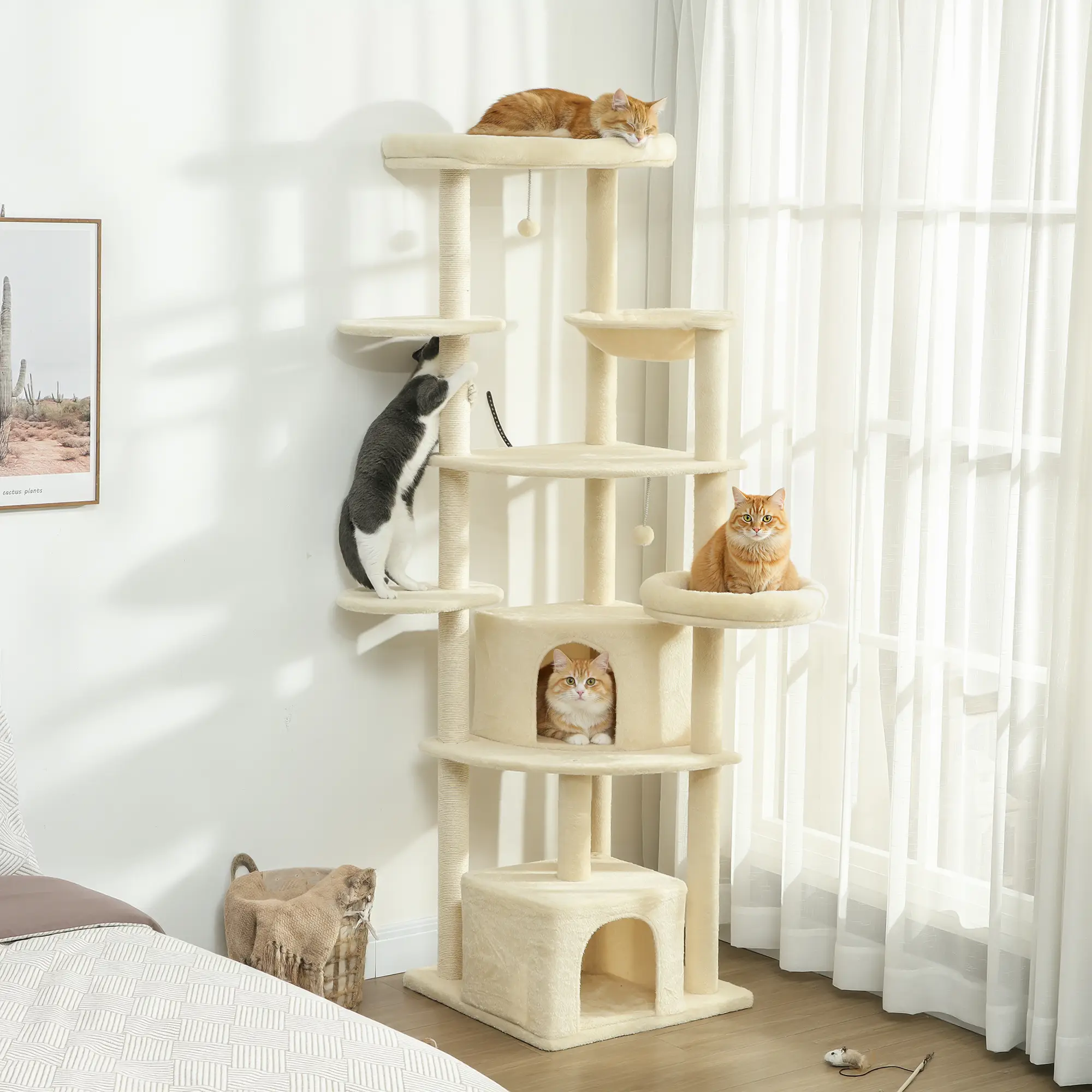 Katter som klättrar och vilar i ett högt klösträd i beige vid ett fönster