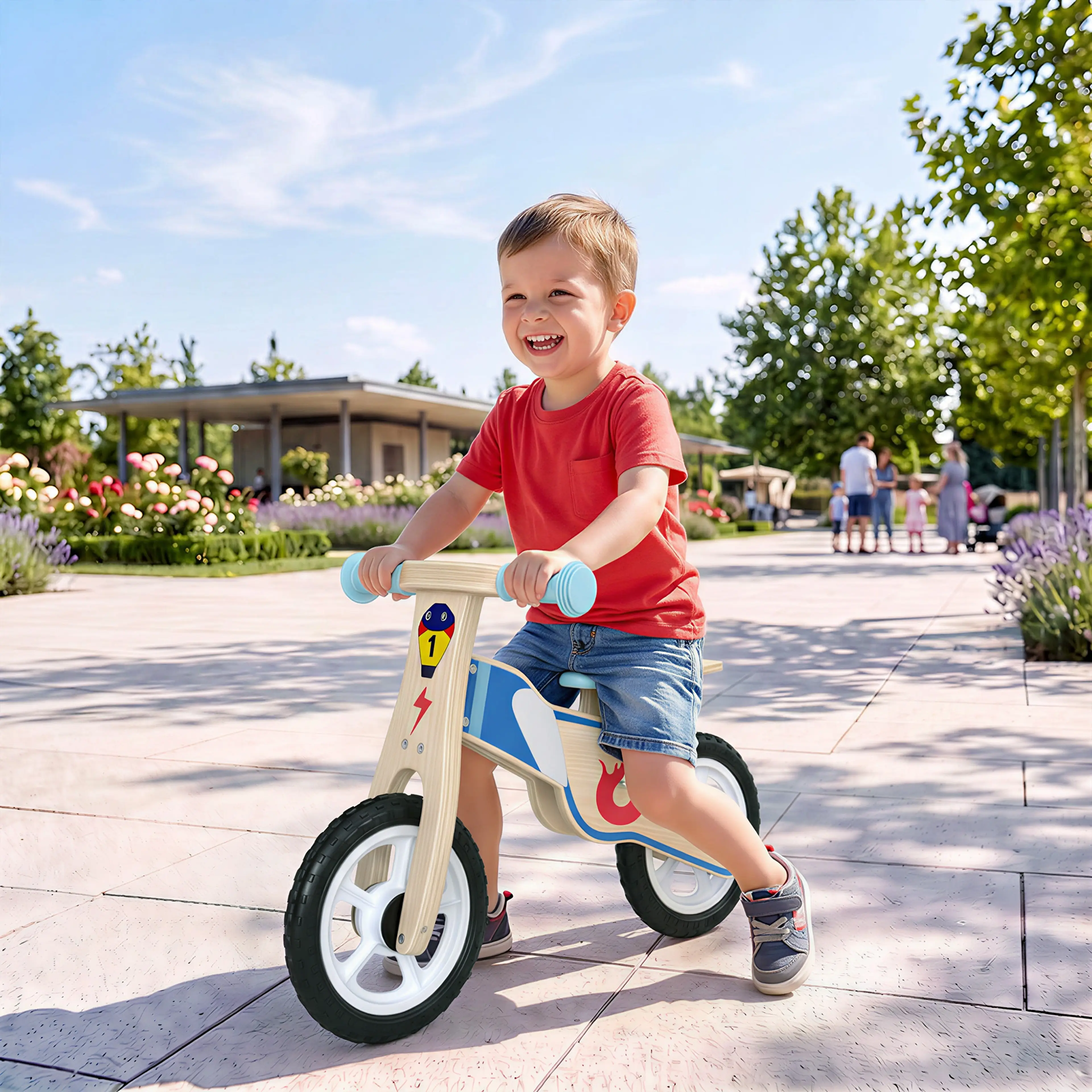 Ett barn i röd tröja åker springcykeln i en park