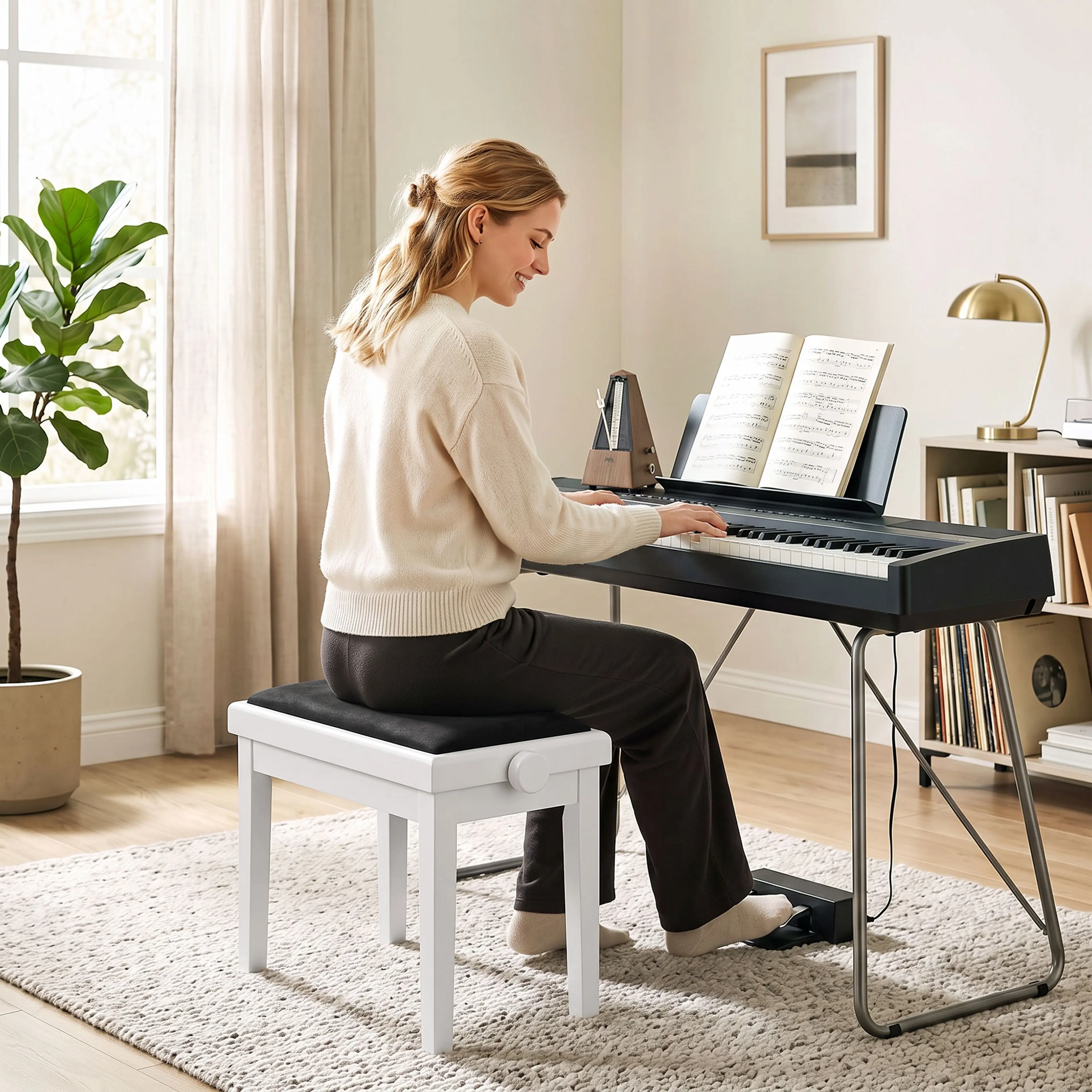 Pianopallen använd vid ett digitalpiano på stativ