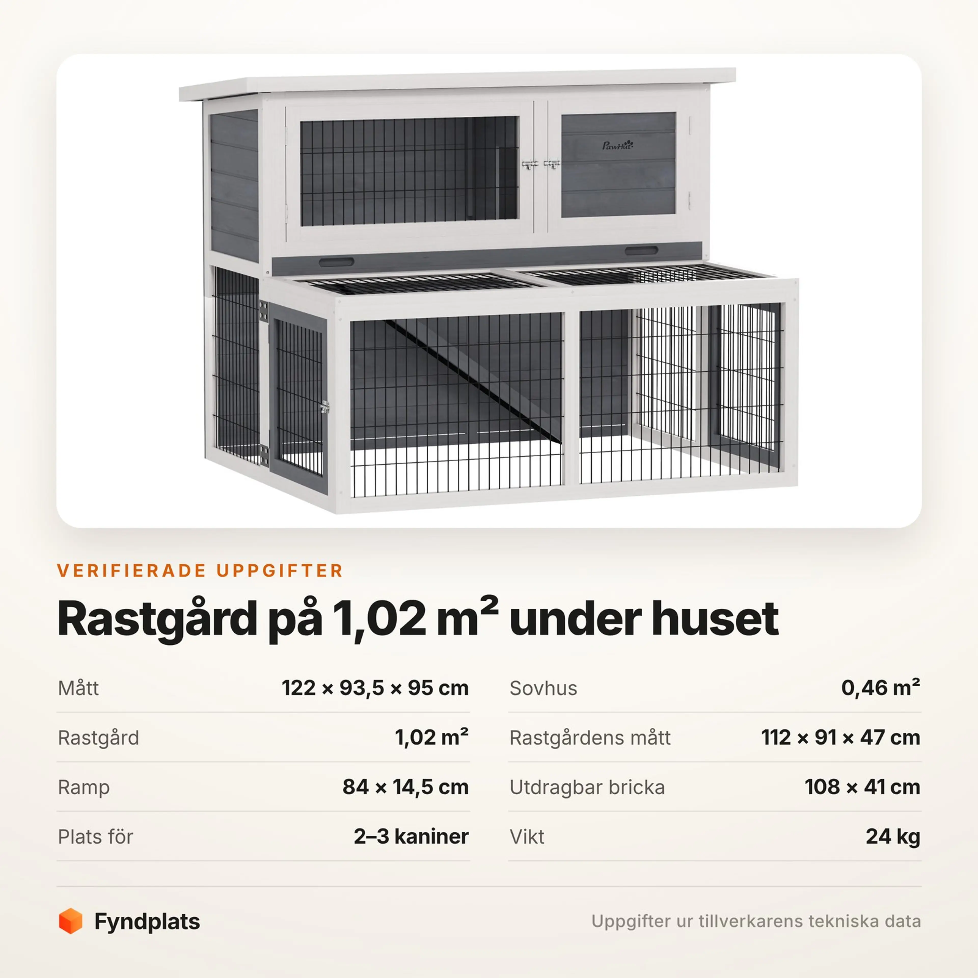 Specifikationer för kaninhuset: mått, rastgård, ramp och bricka