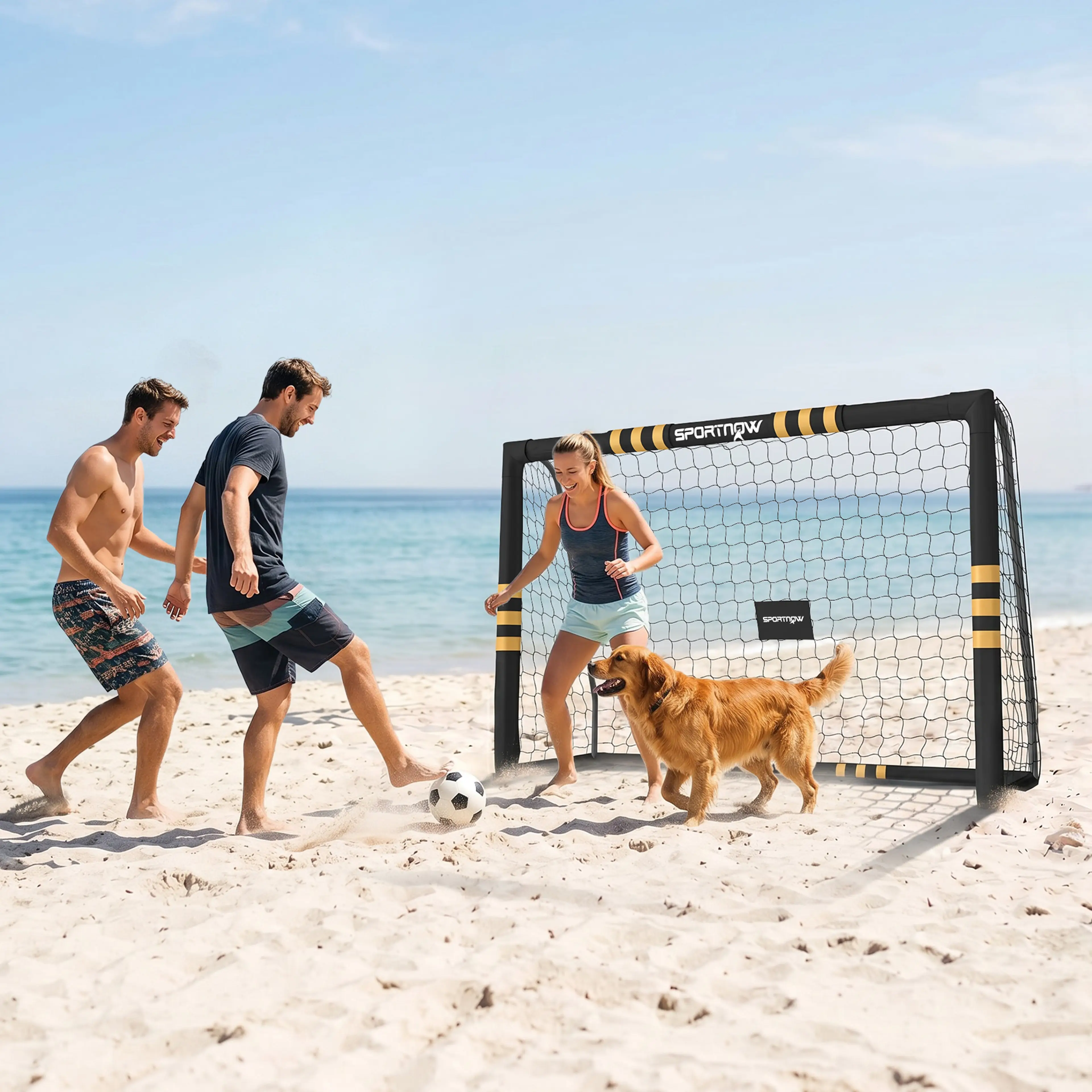 Fotbollsmålet uppställt på en sandstrand med spelare och hund