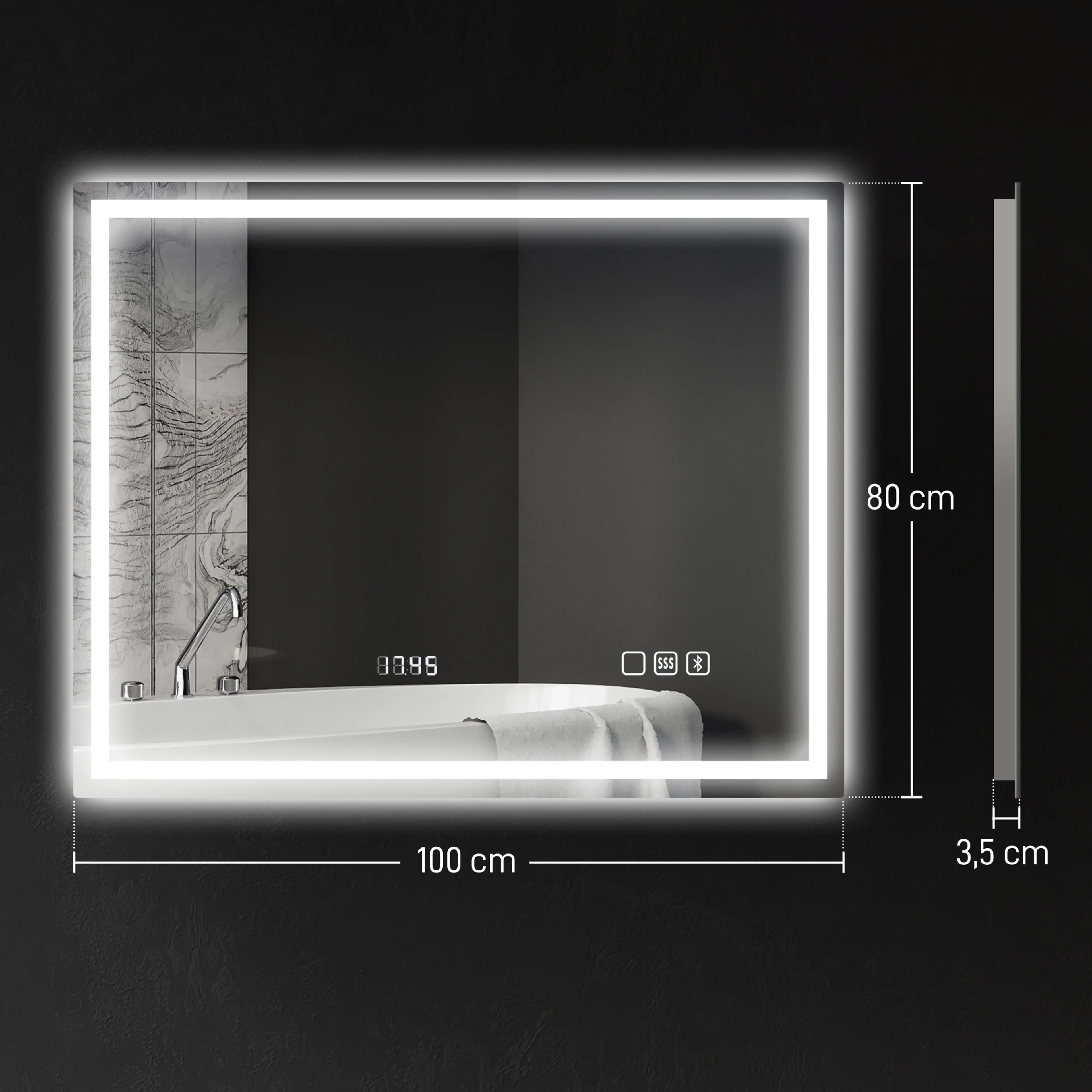 Badrumsspegel LED 100 × 80 cm med Bluetooth och klocka – bild 5