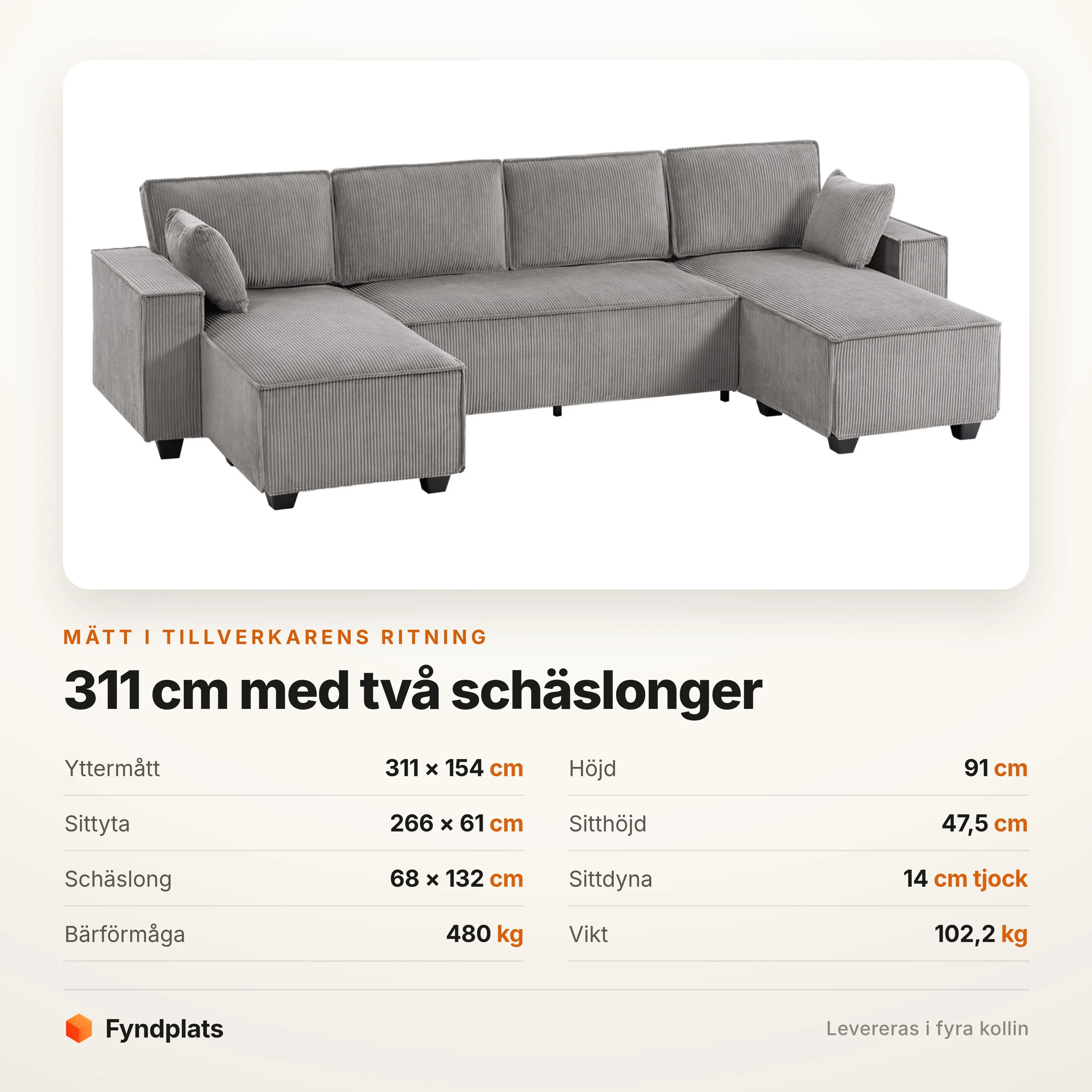 Specifikationer: 311 × 154 cm, sittyta 266 cm, bär 480 kg