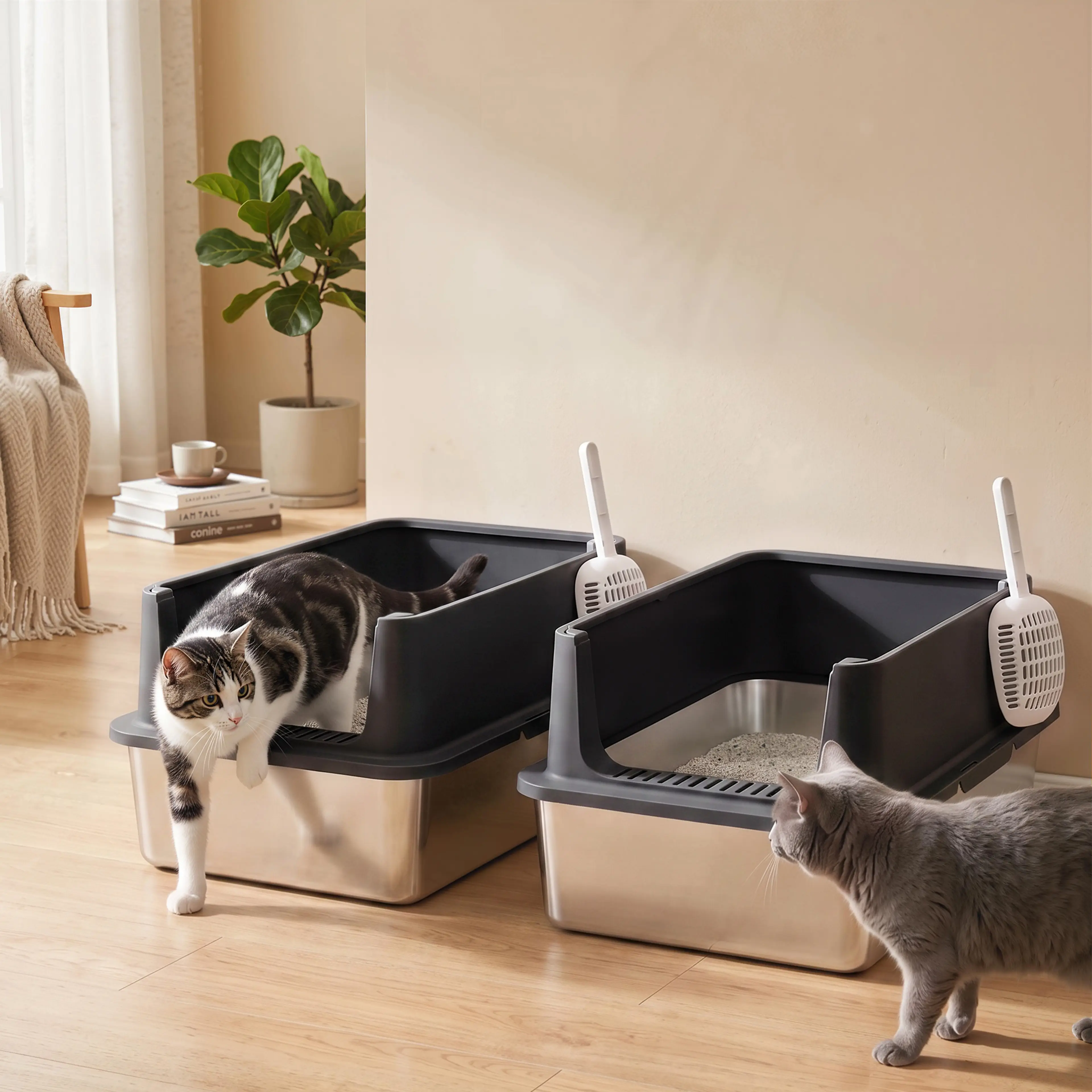 Katt kliver in över den låga framkanten på den rostfria kattlådan medan en annan katt står bredvid