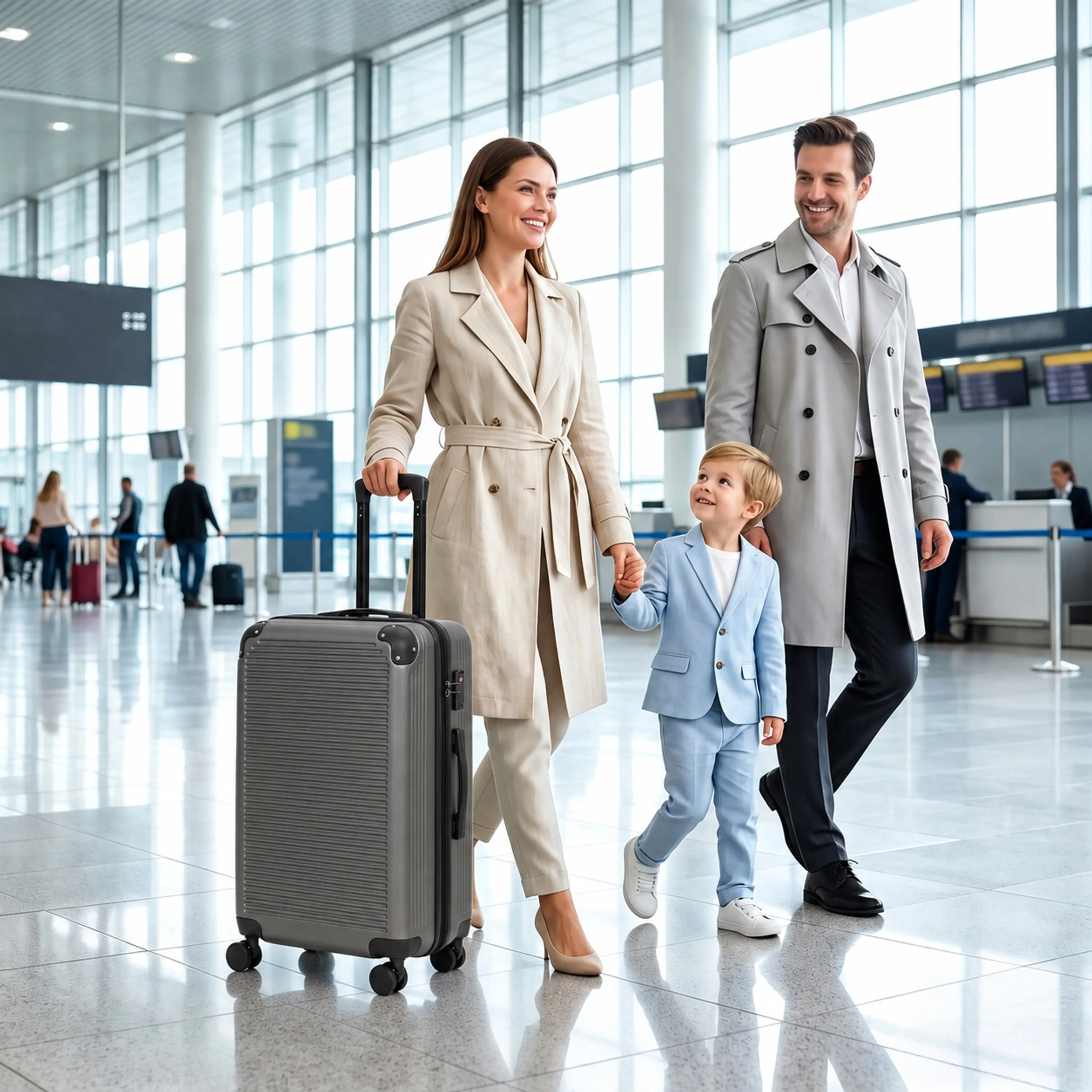 En familj på väg genom en flygplats där kvinnan drar resväskan
