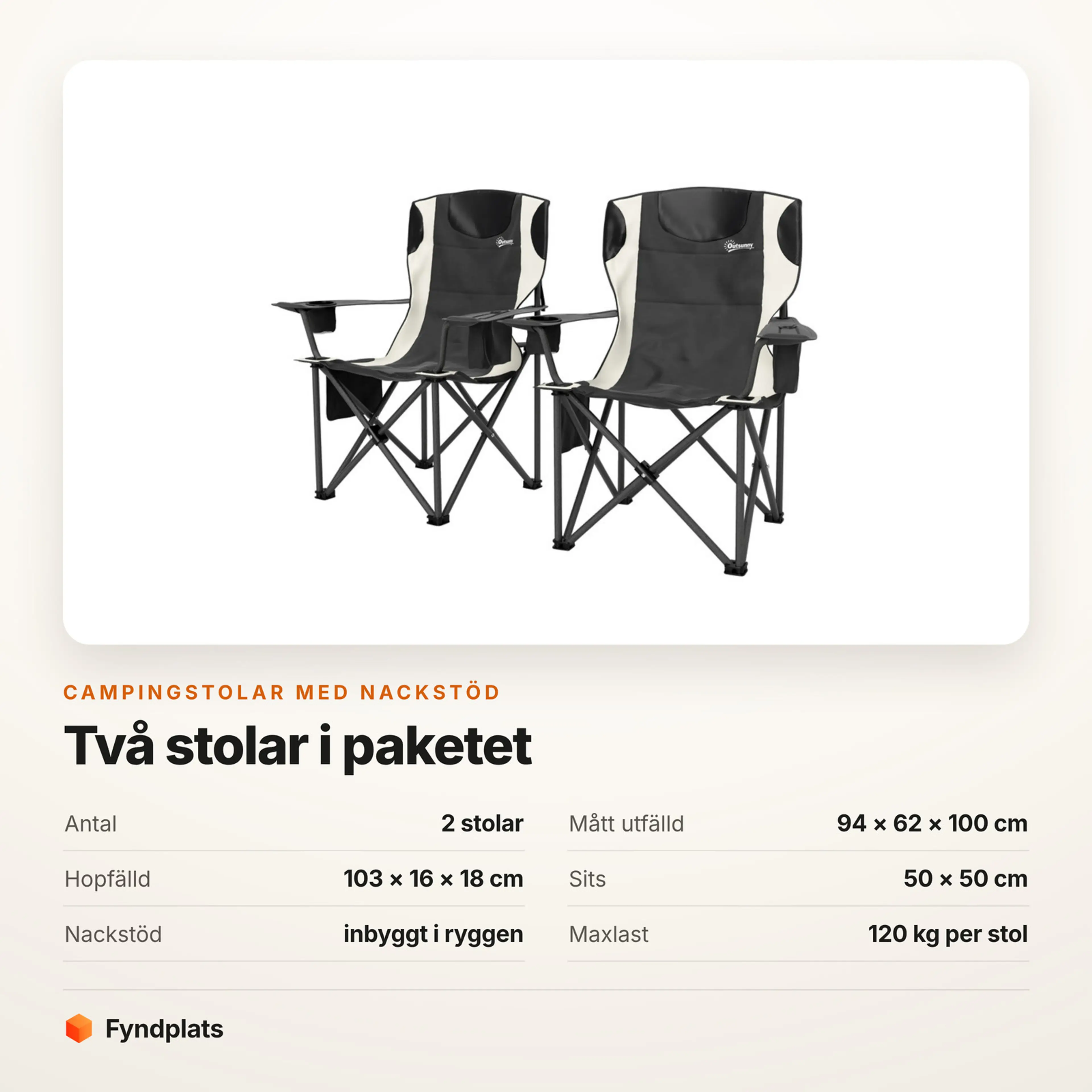 Faktakort: campingstolar 2-pack med nackstöd, mått och maxlast