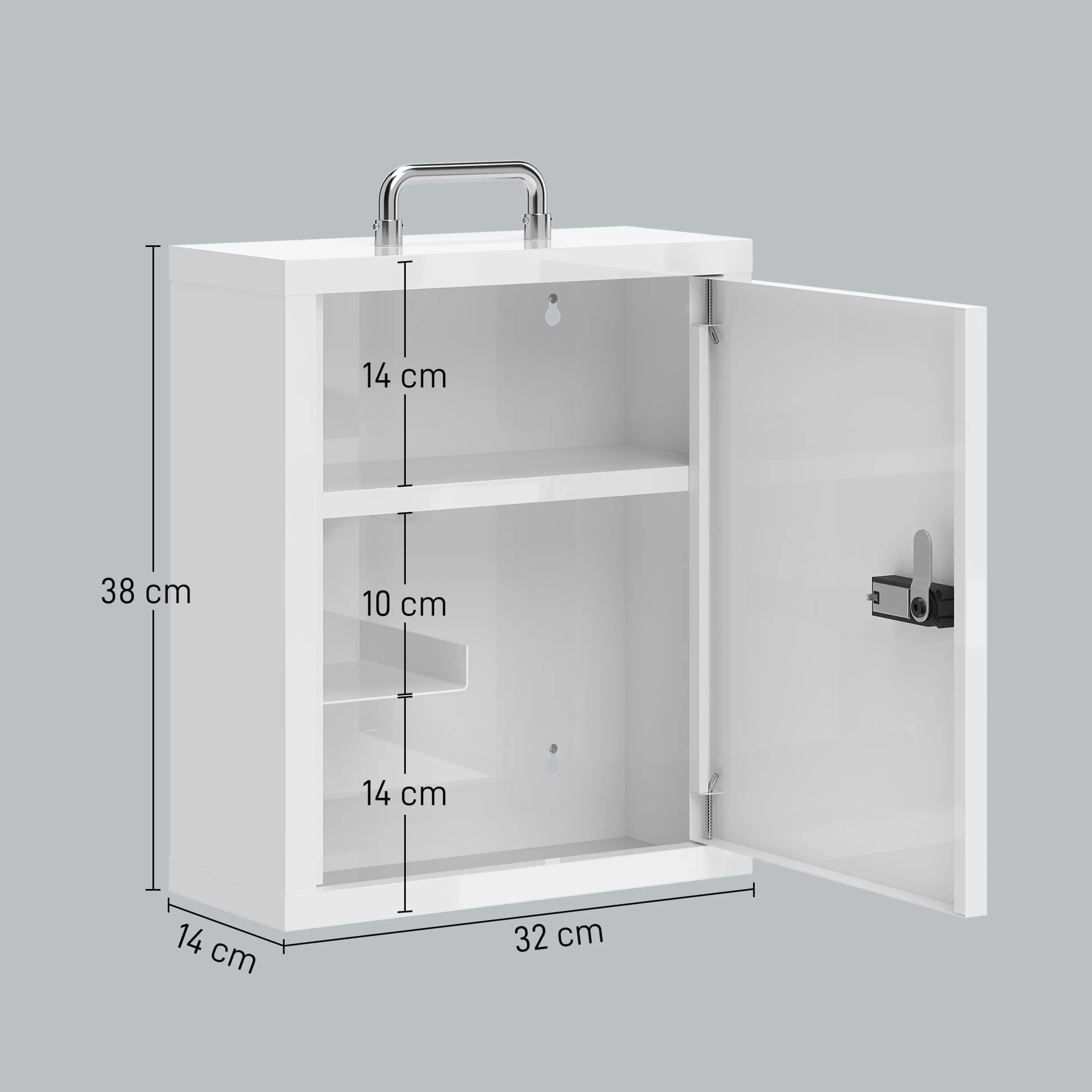 Måttskiss: skåpet 32 × 14 × 38 cm och invändigt 32 × 12 × 38 cm