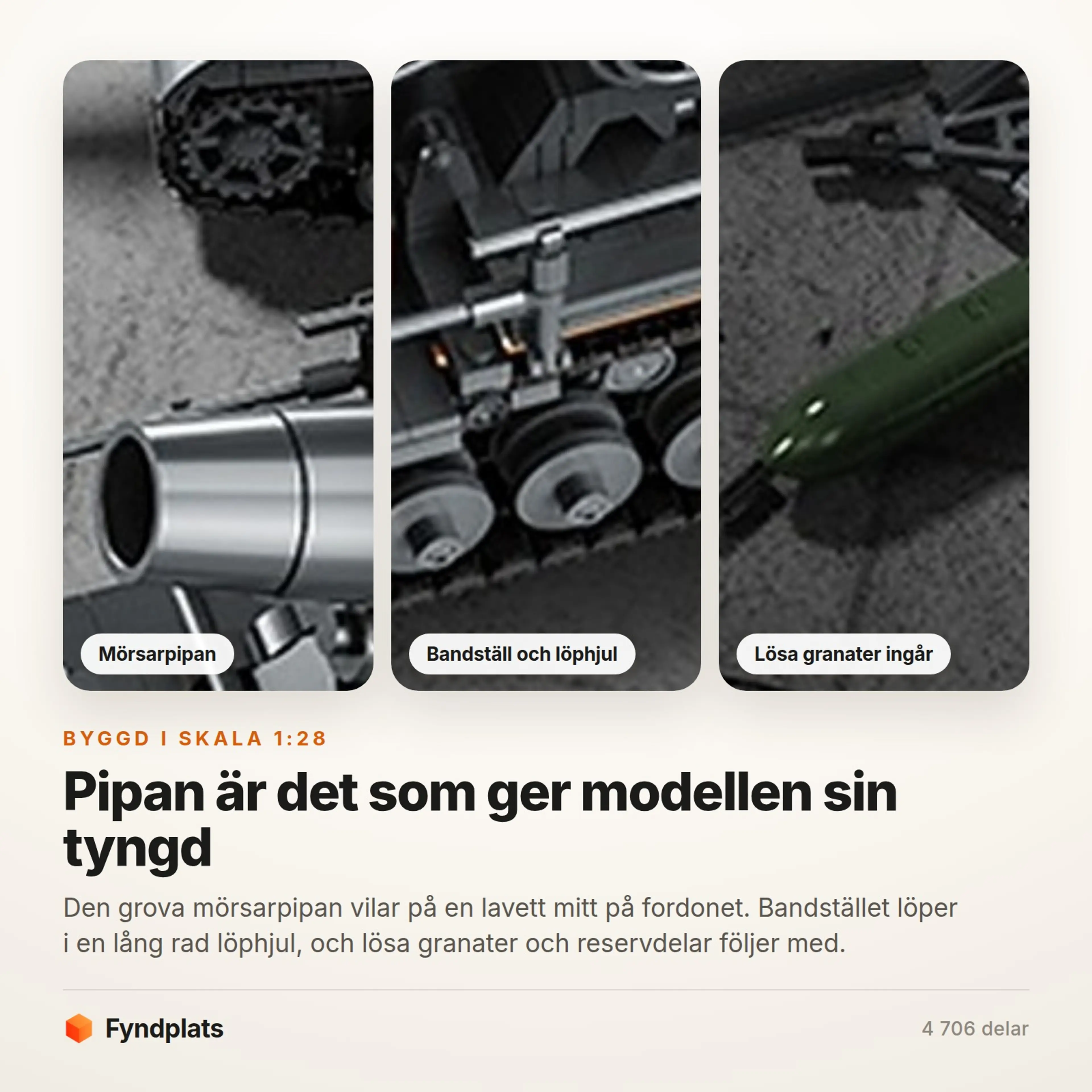 Fyndplats-kort: närbilder på mörsarpipan, bandstället med löphjul och de lösa granaterna