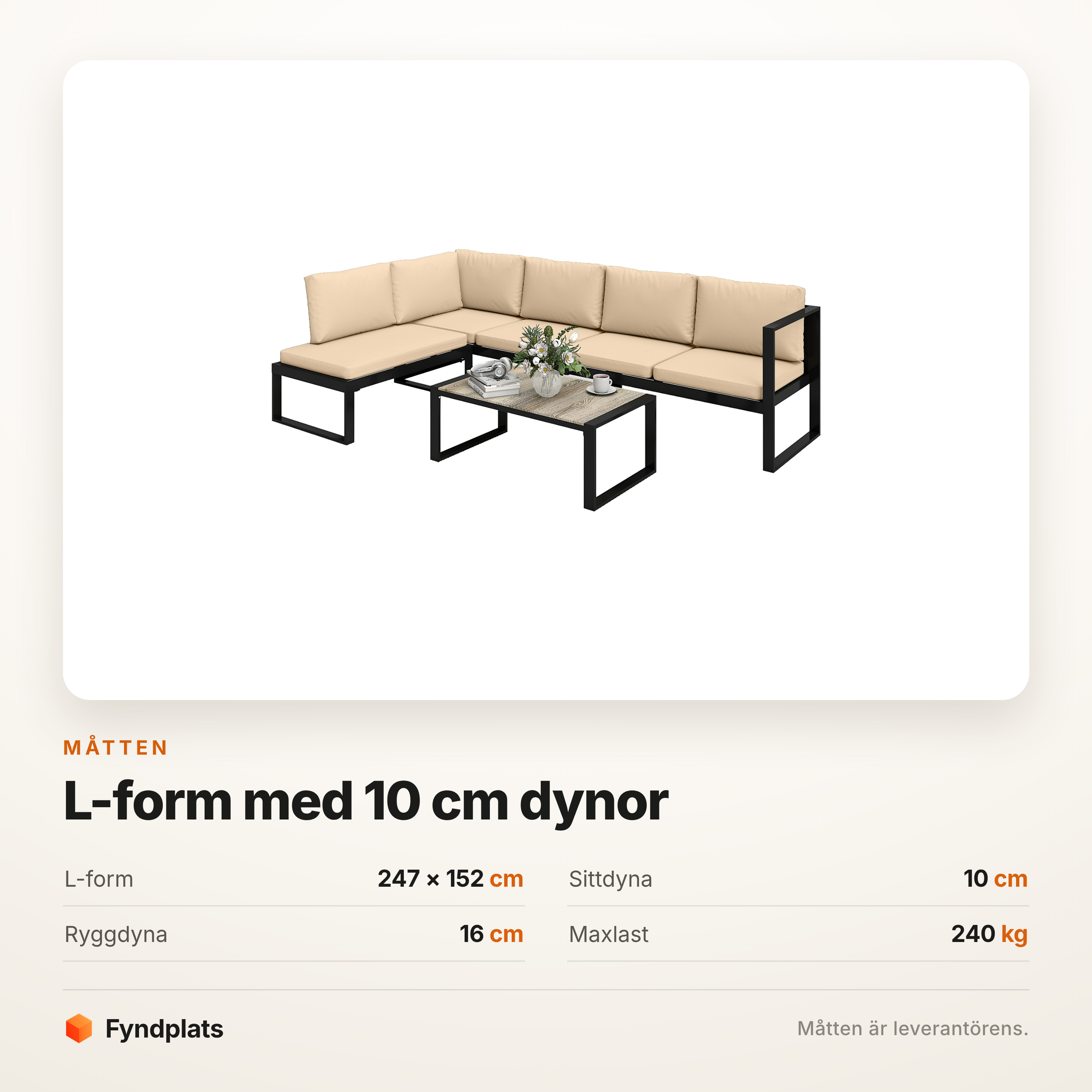 Måttkort: L-form 247 × 152 cm, sittdyna 10 cm, ryggdyna 16 cm, maxlast 240 kg