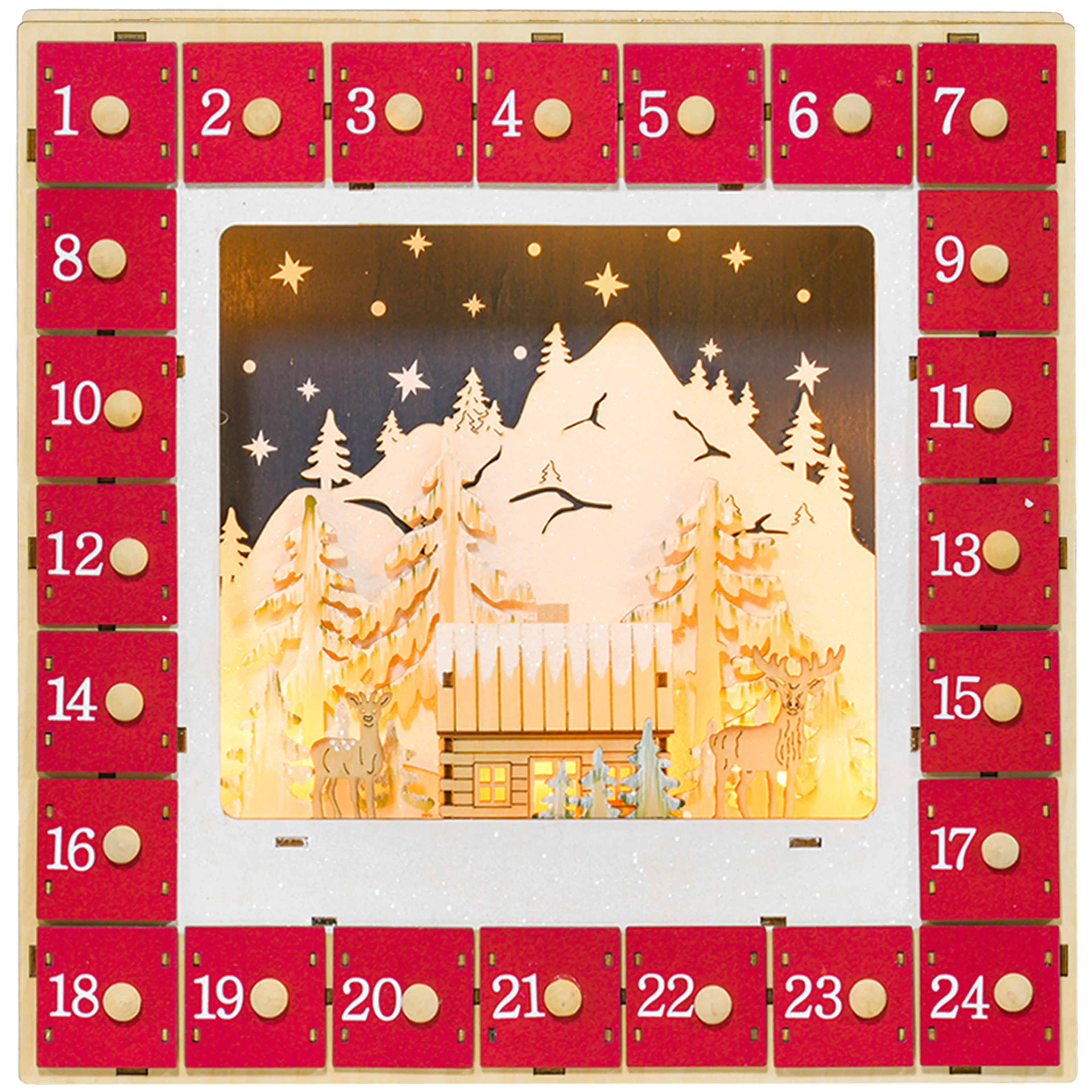 Adventskalender i MDF 34 × 34 cm – 24 stora lådor och LED-byscen