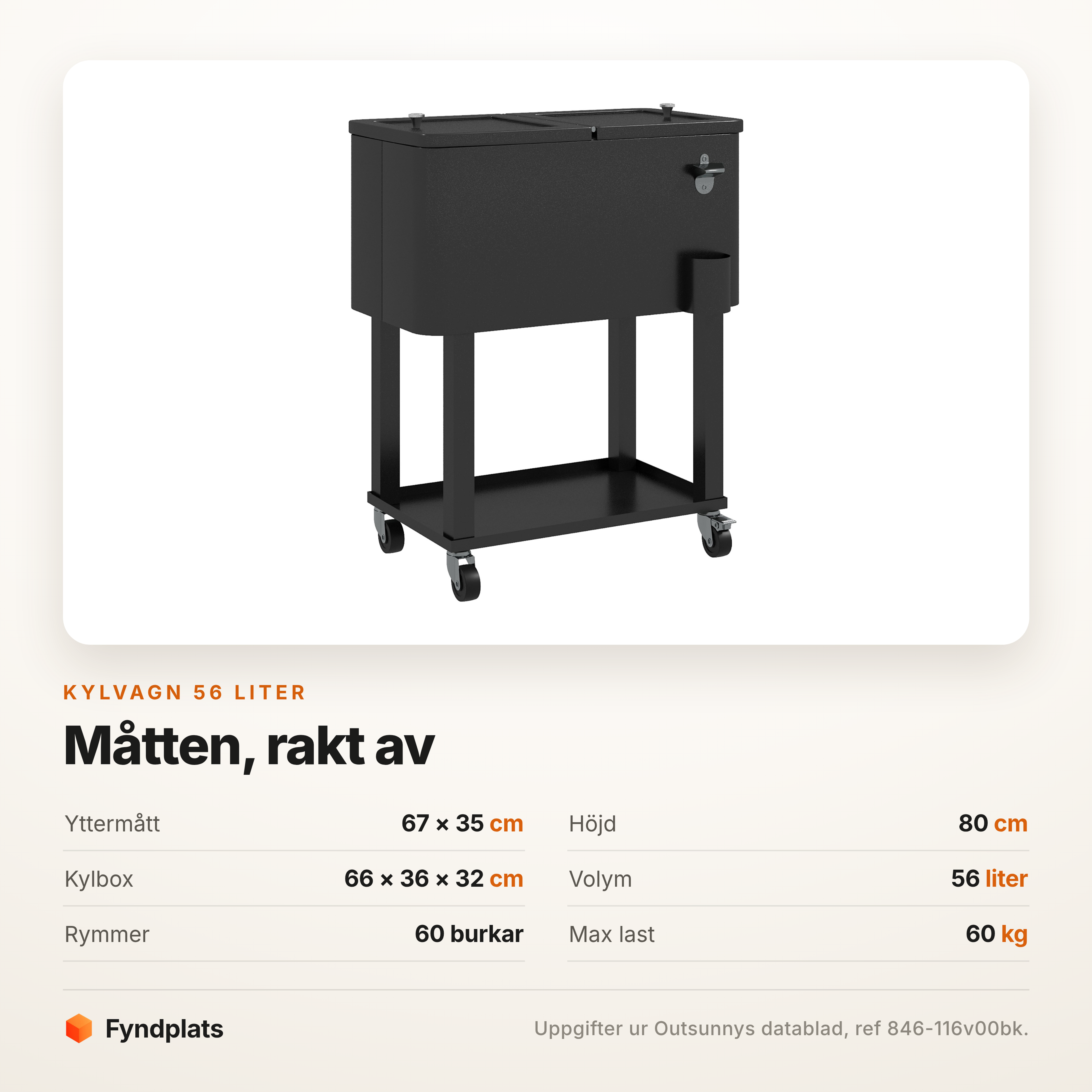 Specifikationskort: 56 liter, cirka 60 burkar och max belastning 60 kg