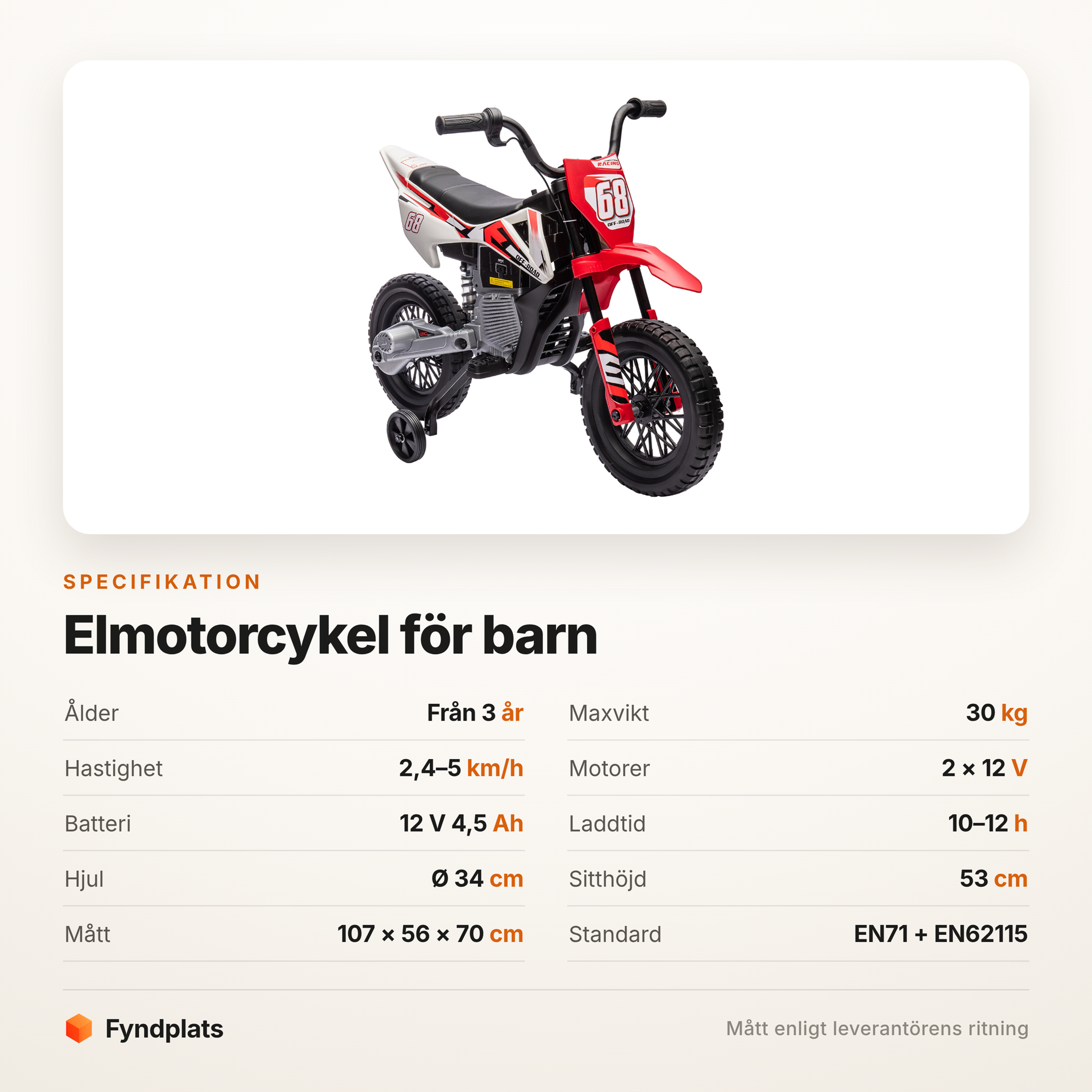 Specifikation: från 3 år, maxvikt 30 kg, två 12 V-motorer och hjul på 34 cm