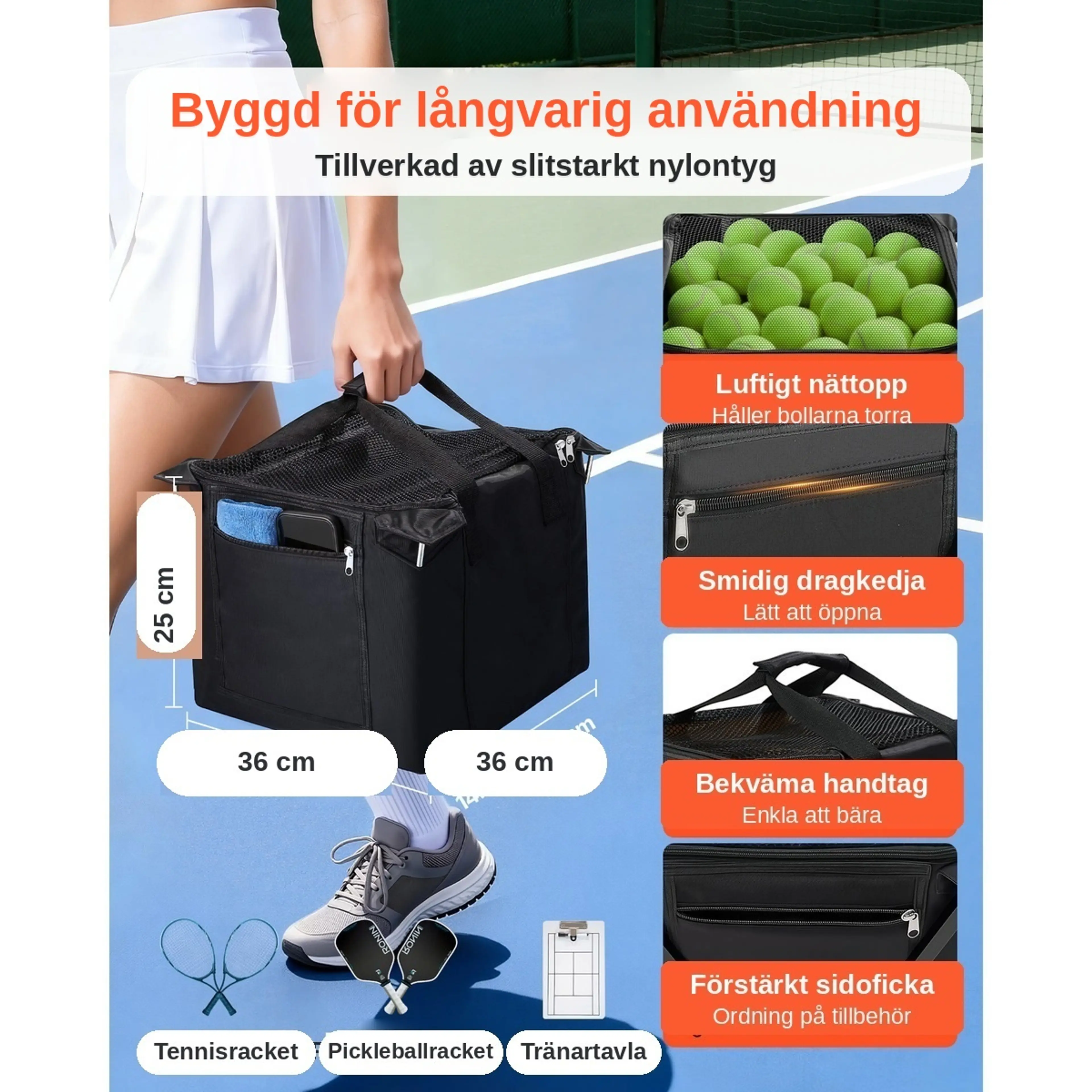 Tennisbollsvagn i slitstarkt nylon med luftigt nättopp och sidofickor