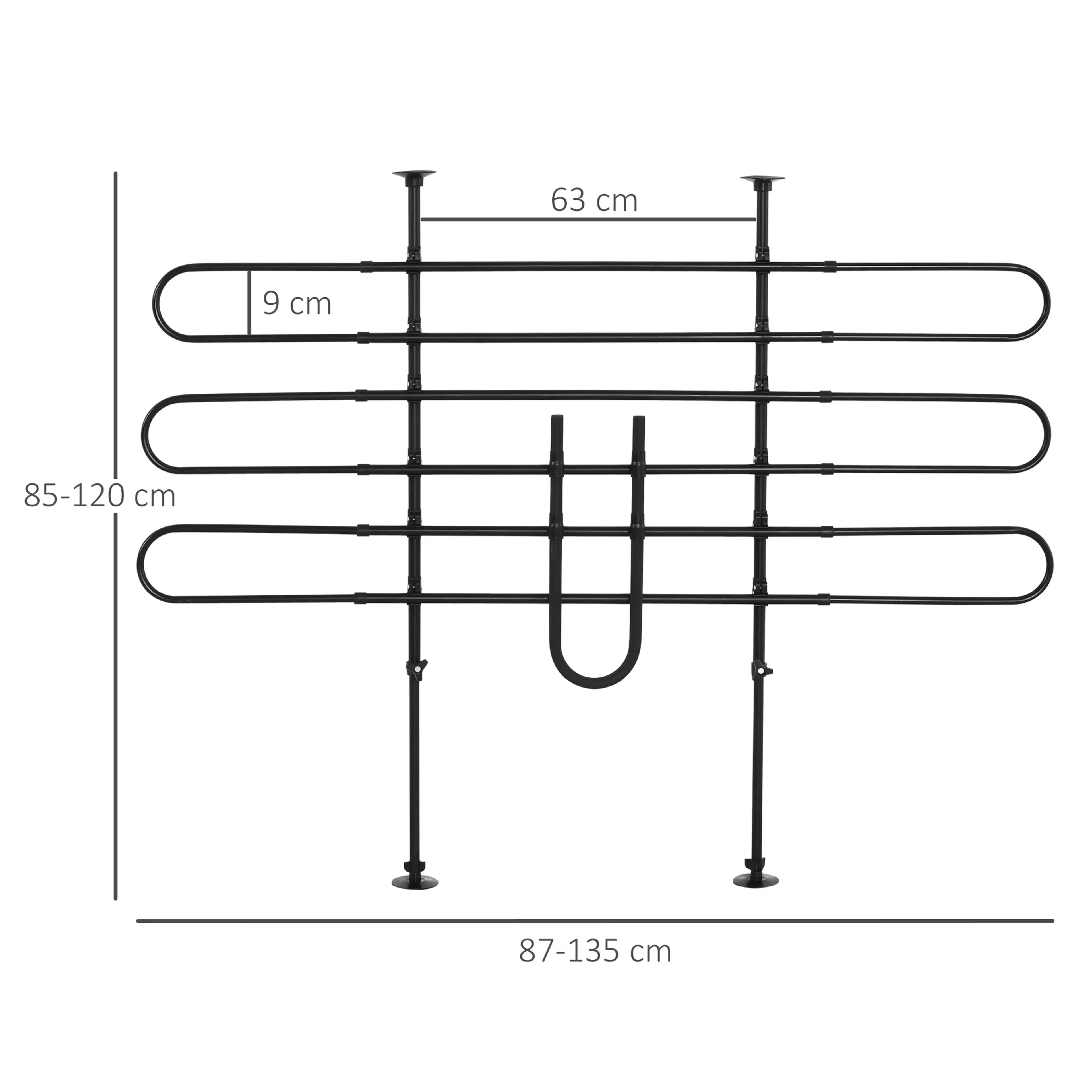 Måttskiss: höjd 85–120 cm, bredd 87–135 cm och 9 cm mellan rören