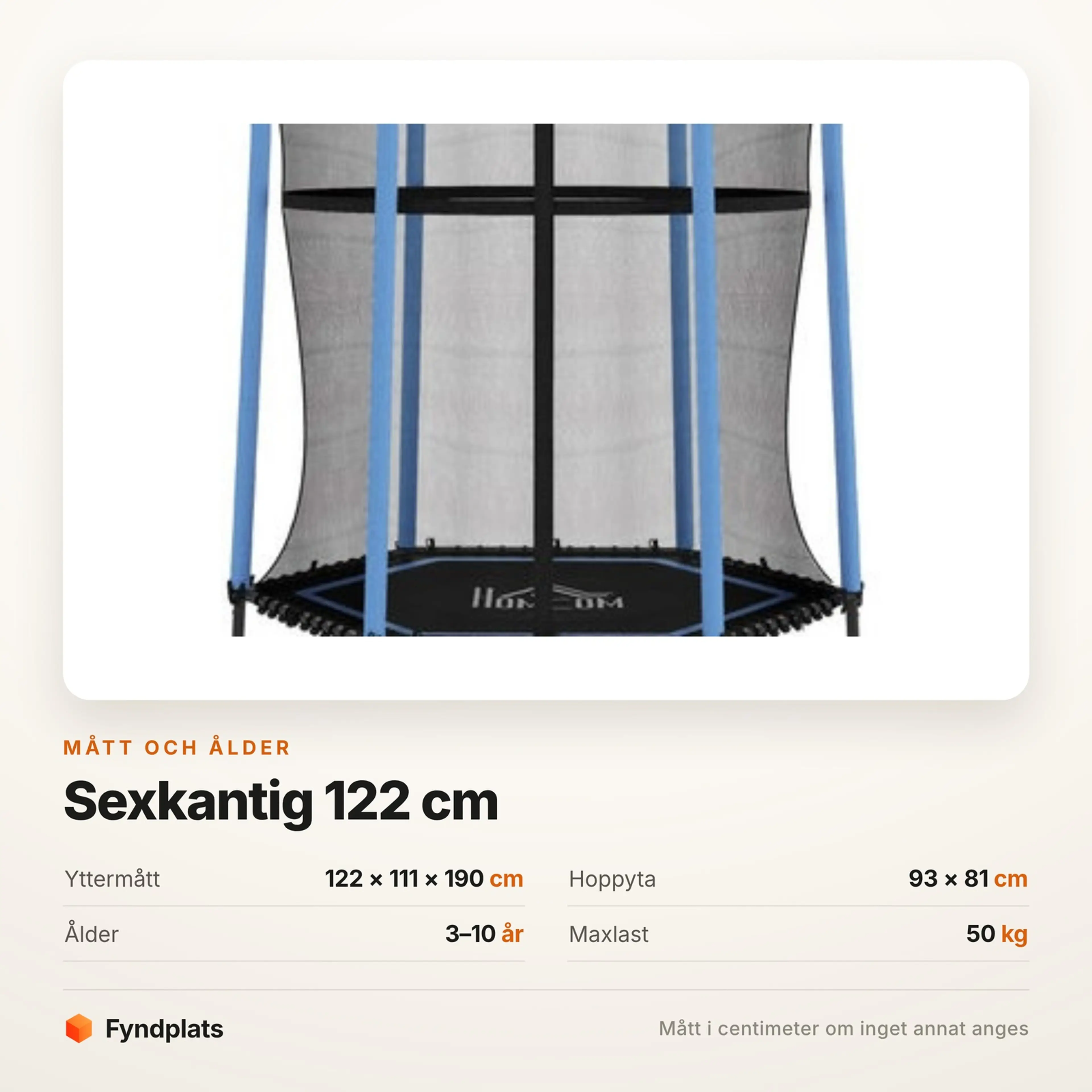 Faktakort: ramen 122 × 111 × 190 cm, hoppyta 93 × 81 cm, ålder 3–10 år och maxlast 50 kg
