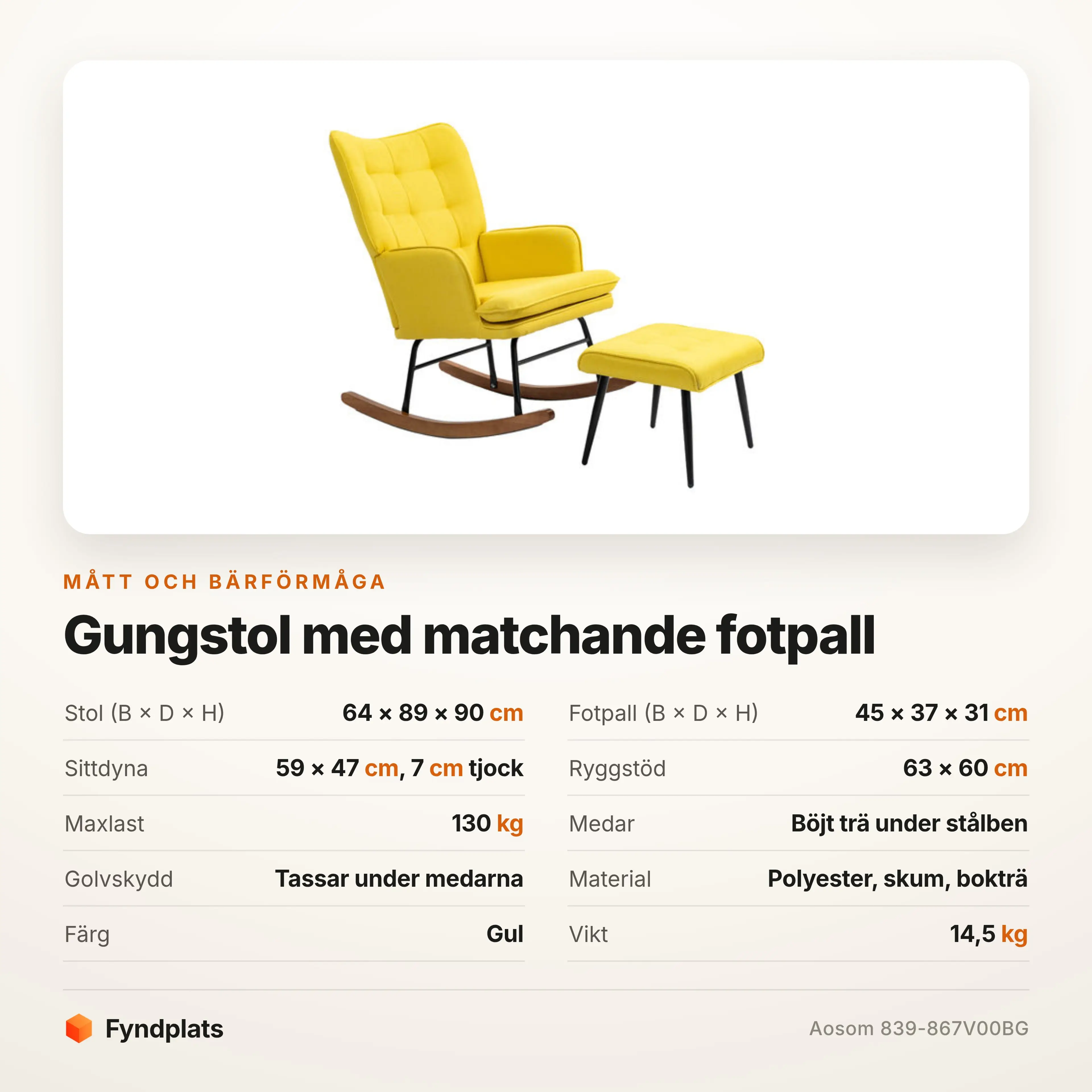 Specifikationskort med mått på stol och fotpall samt maxlast