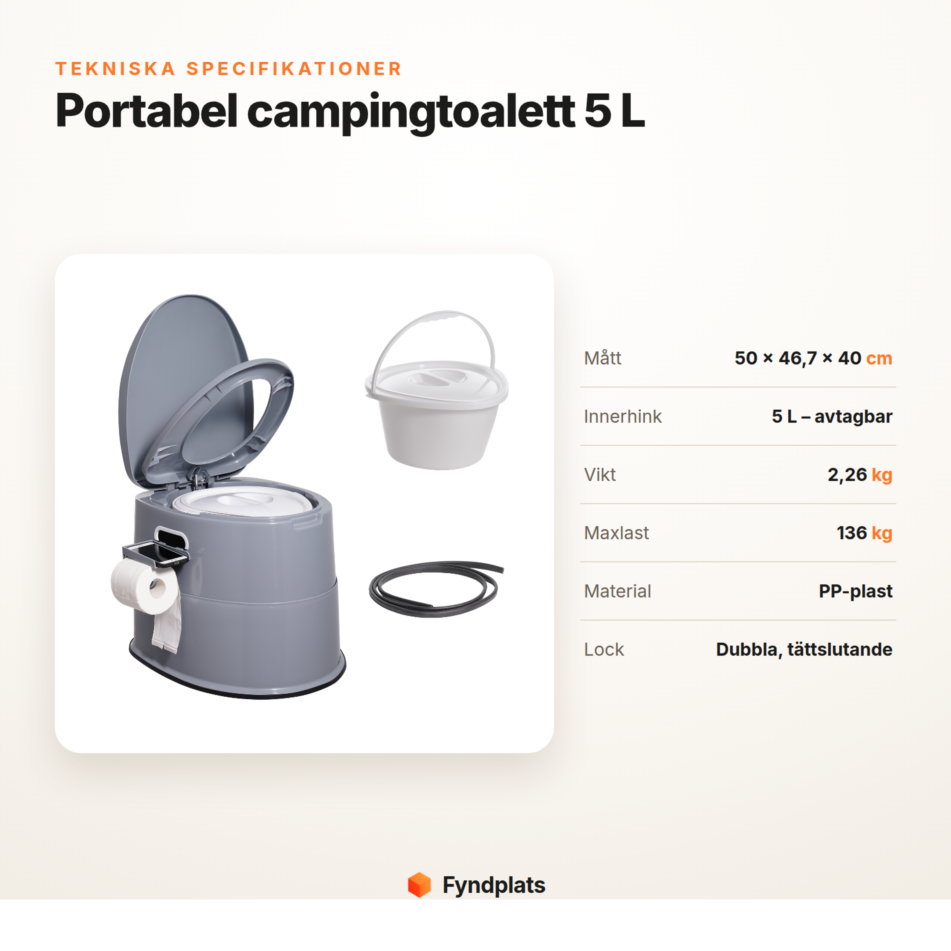 Fyndplats-kort: tekniska specifikationer för campingtoalett