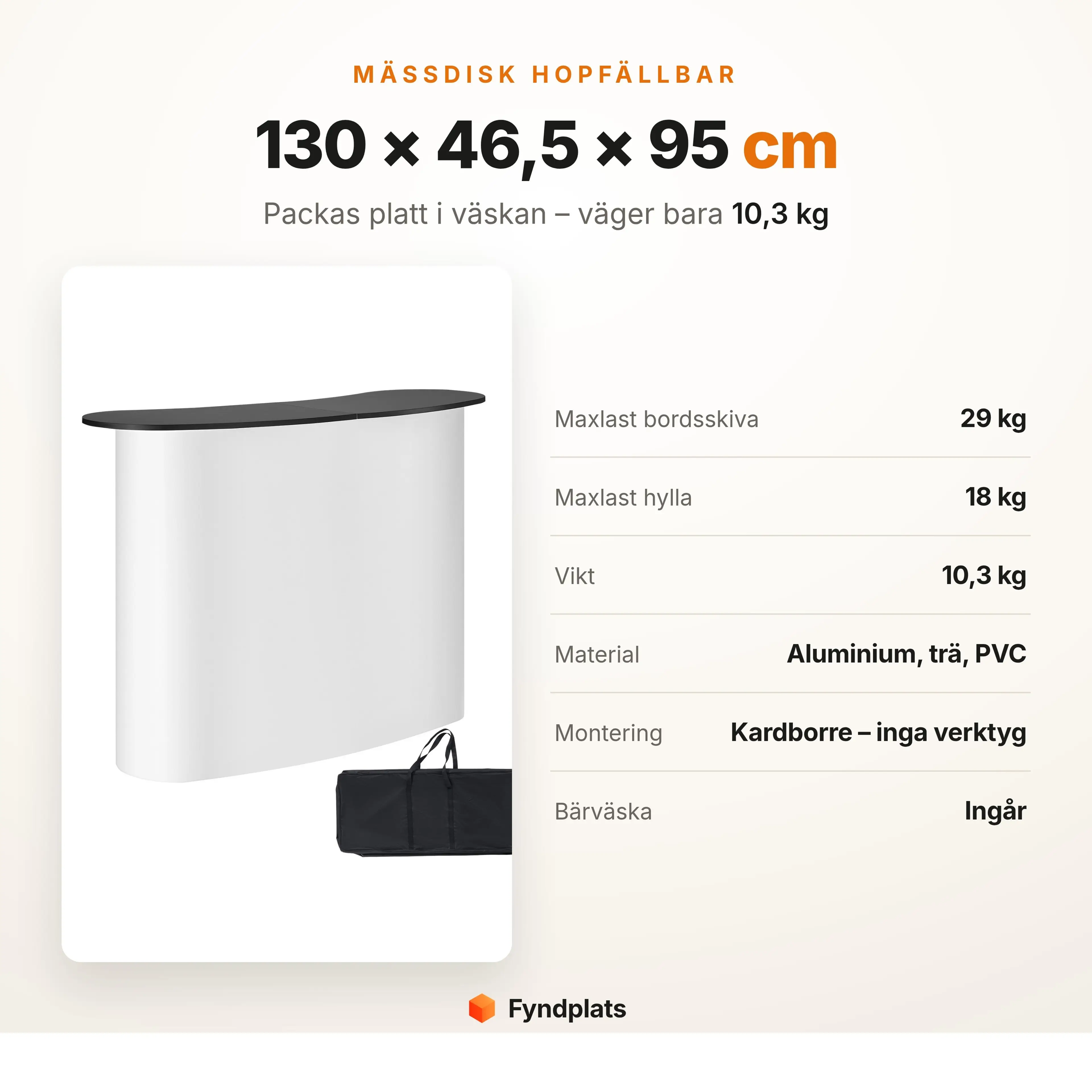 Tekniska specifikationer för mässdisk hopfällbar – 130 × 46,5 × 95 cm, 10,3 kg