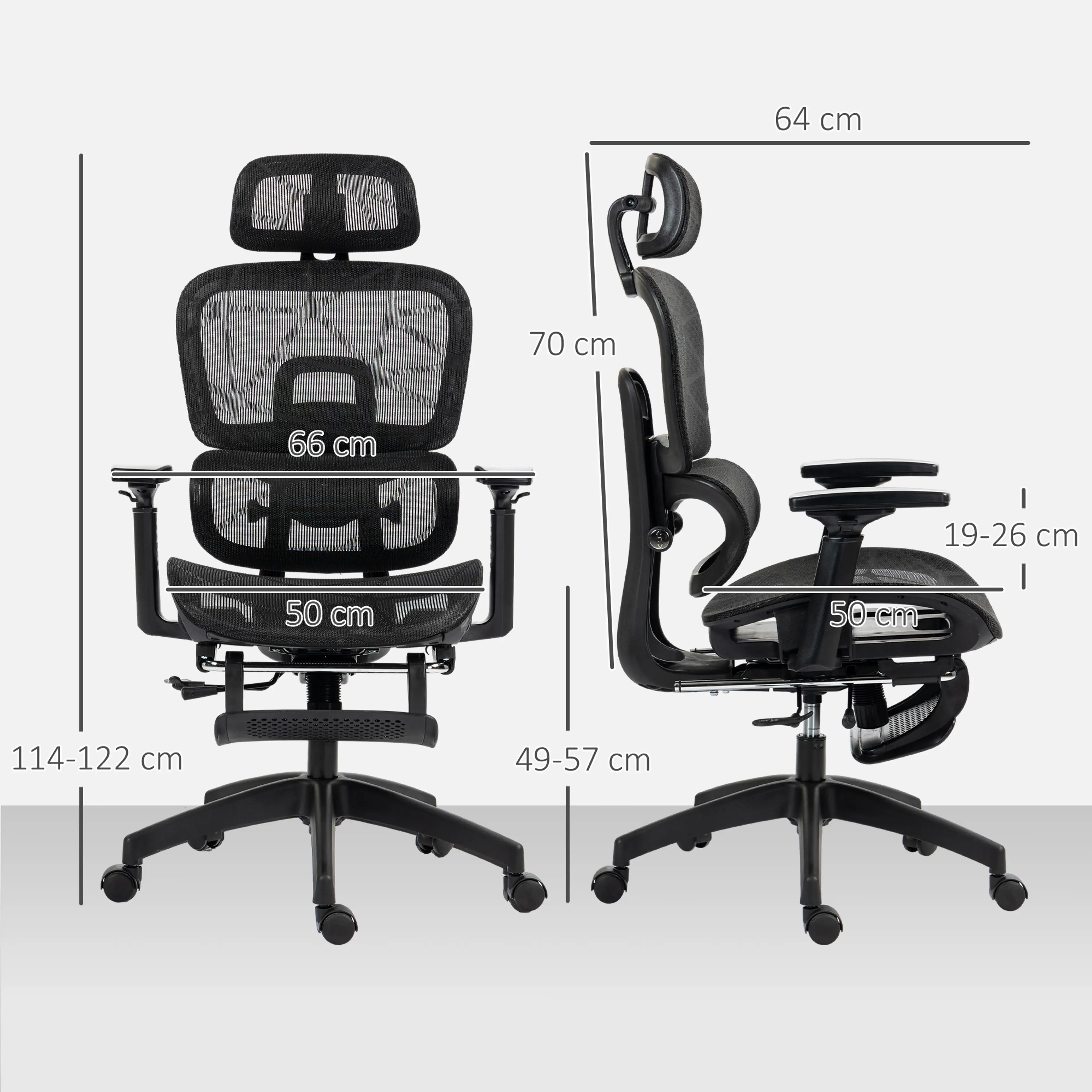 Måttritning med bredd 66 cm, höjd 114–122 cm, sitthöjd 49–57 cm och armstöd 19–26 cm