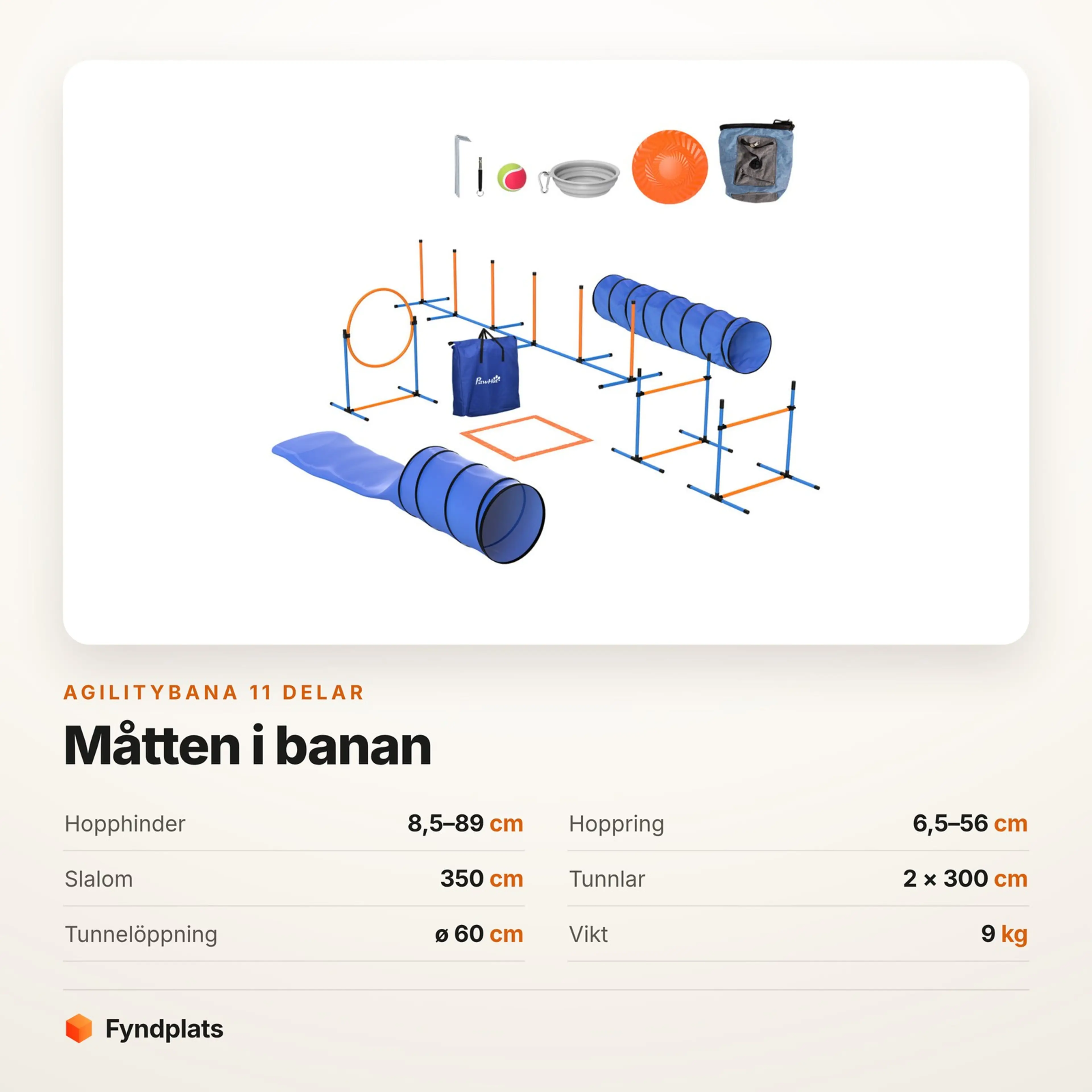 Spec-kort med agilitybanans mått: hopphinder 8,5–89 cm, hoppring 6,5–56 cm, slalom 350 cm och två tunnlar på 300 cm