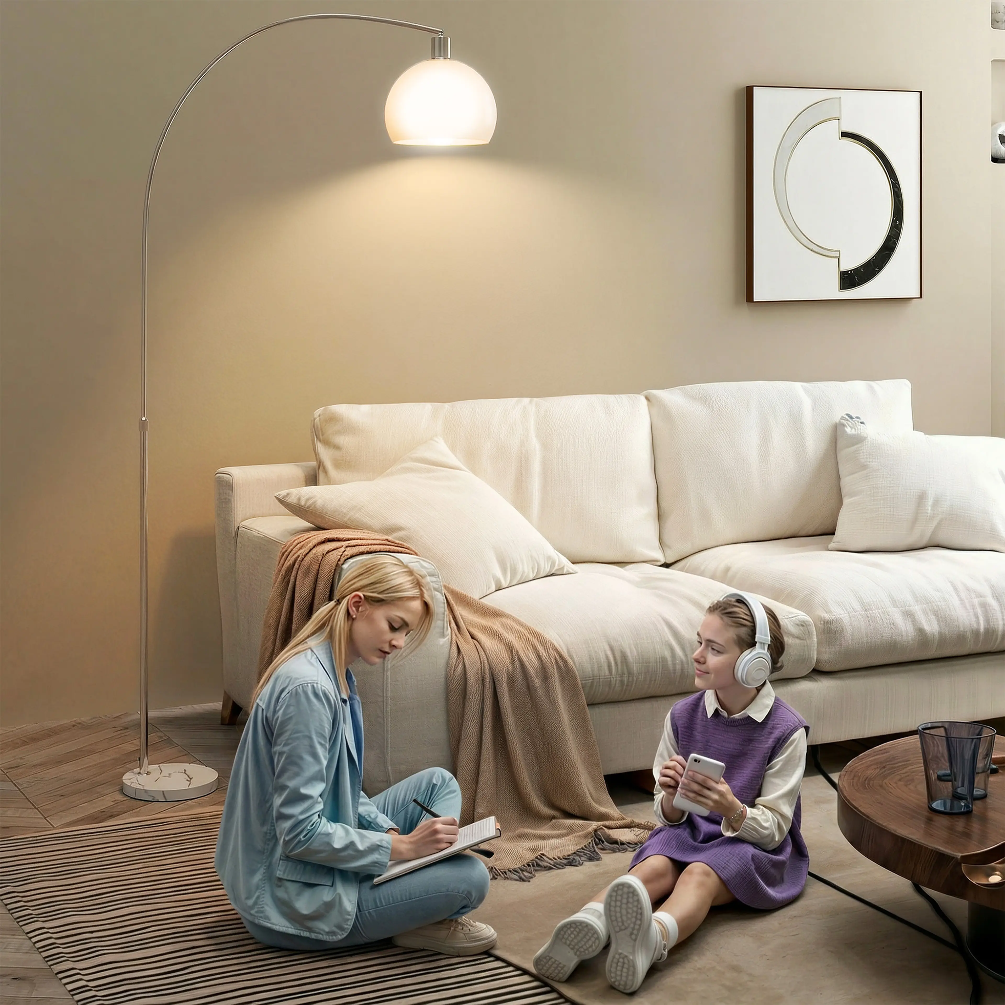 Båglampan lyser över en soffa där en kvinna och en flicka sitter på golvet