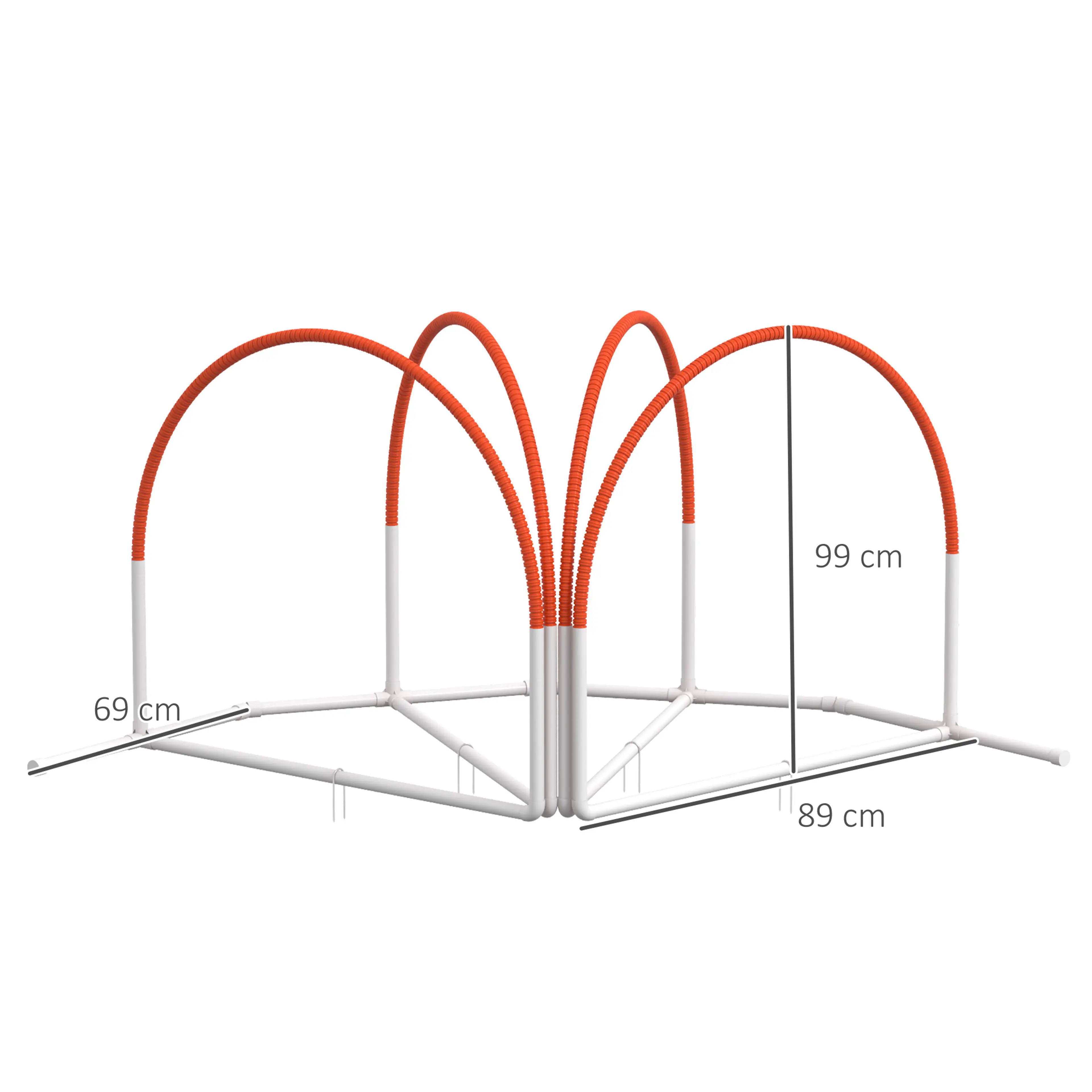 Måttbild: bågarna är 99 cm höga och står på fötter som är 89 och 69 cm