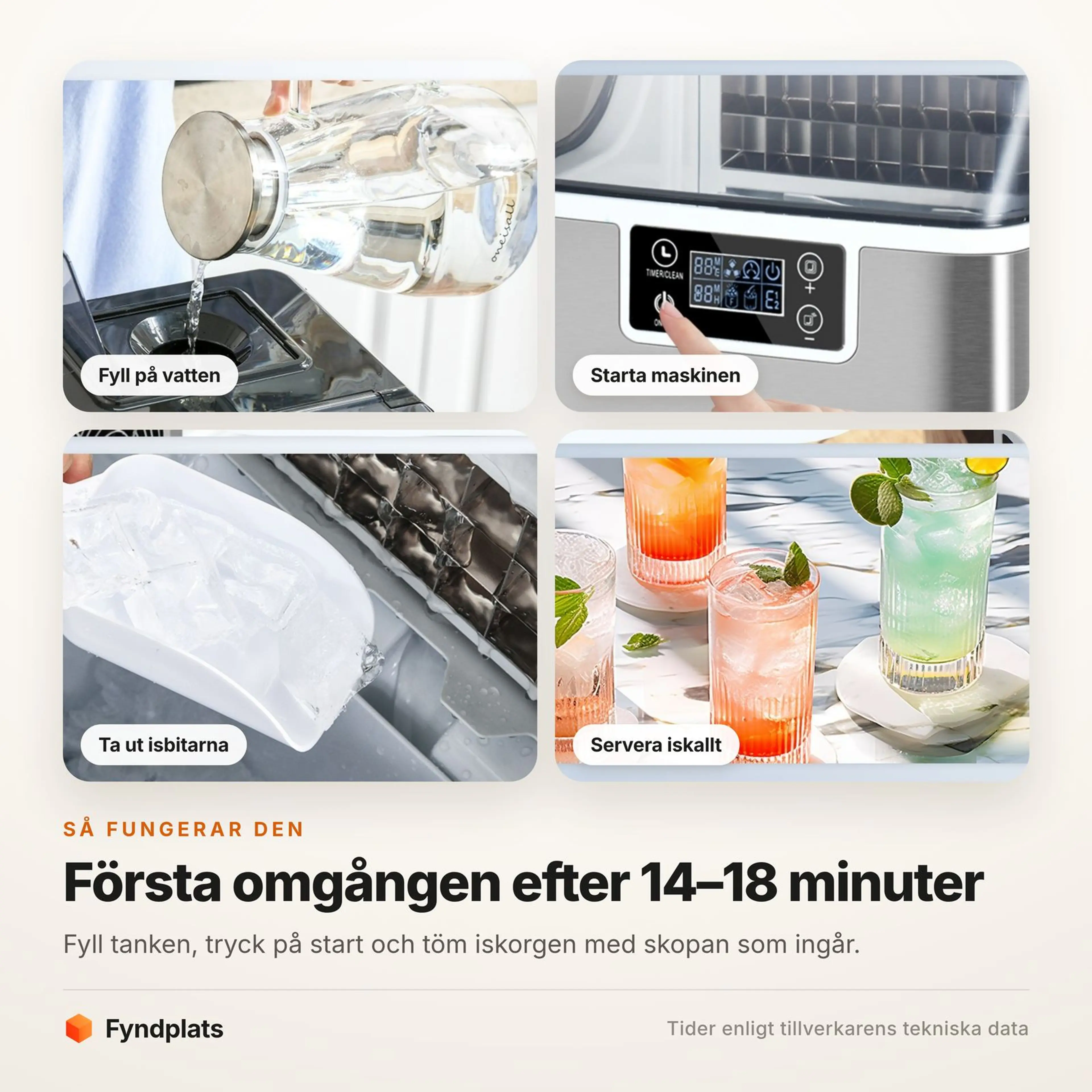 Fyra steg: fyll på vatten, starta maskinen, ta ut isbitarna med skopan och servera iskalla drinkar