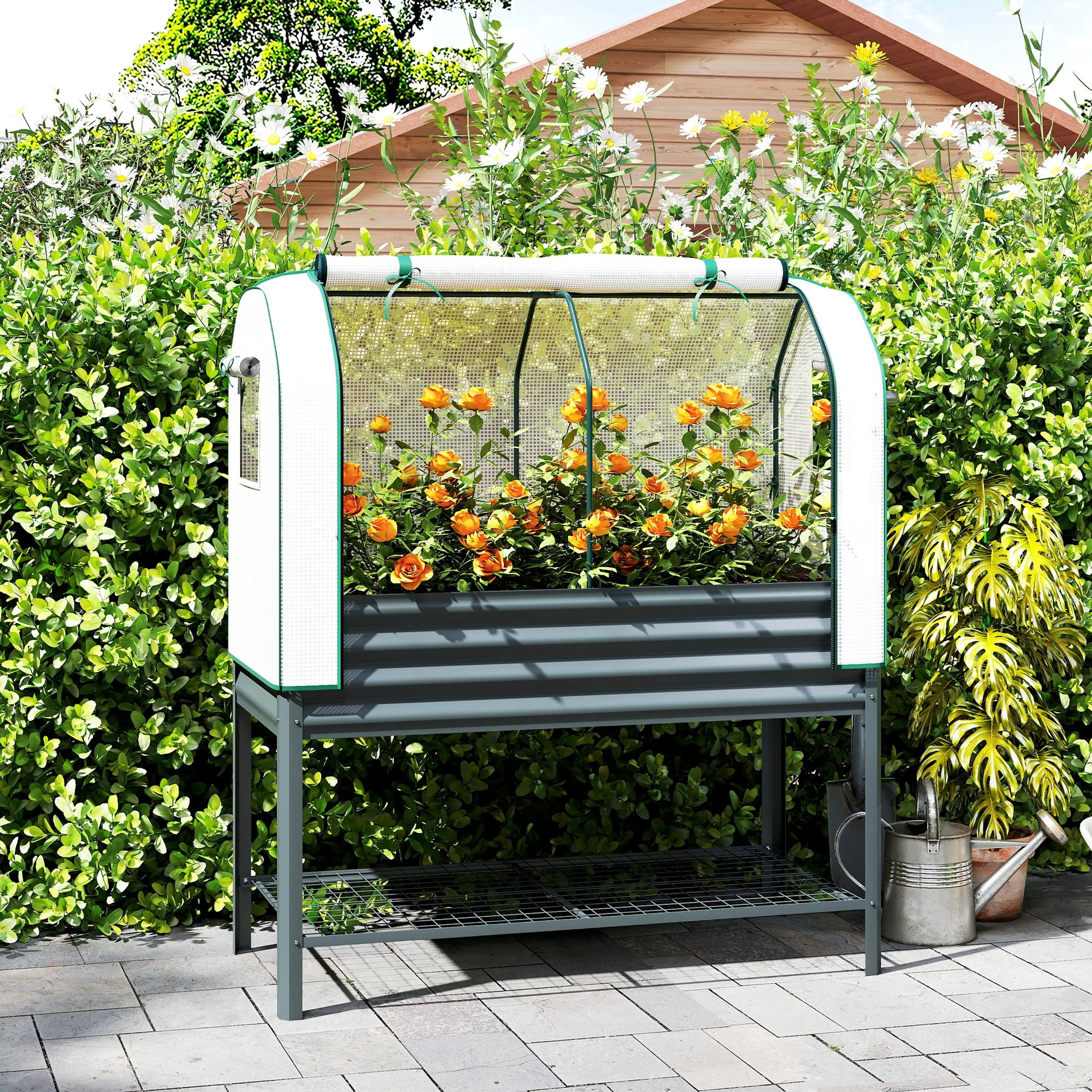 Odlingslådan med överdraget framför en häck, med orange blommor i lådan och en vattenkanna och en hink vid benen