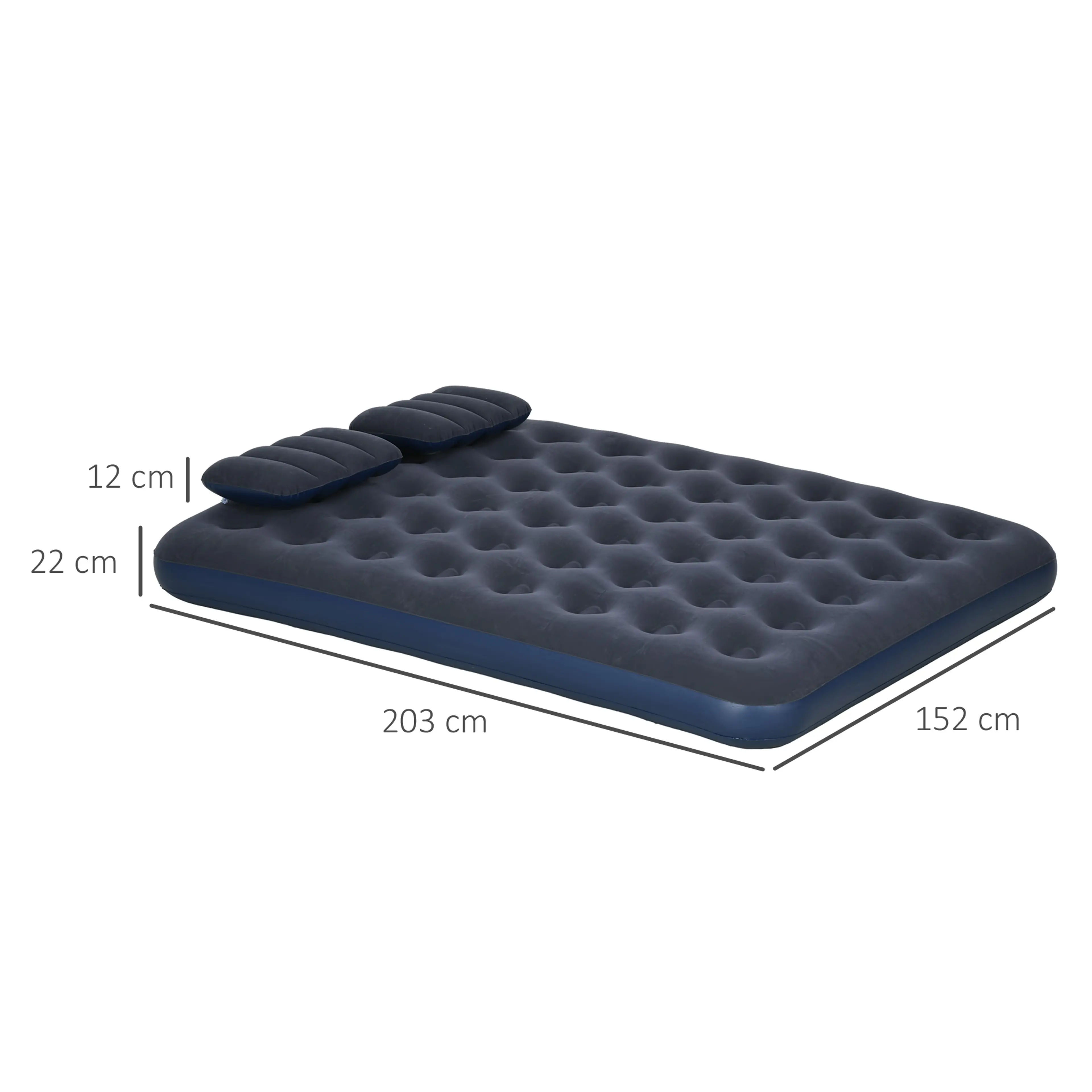 Måttbild: luftmadrassen är 203 cm lång, 152 cm bred och 22 cm hög