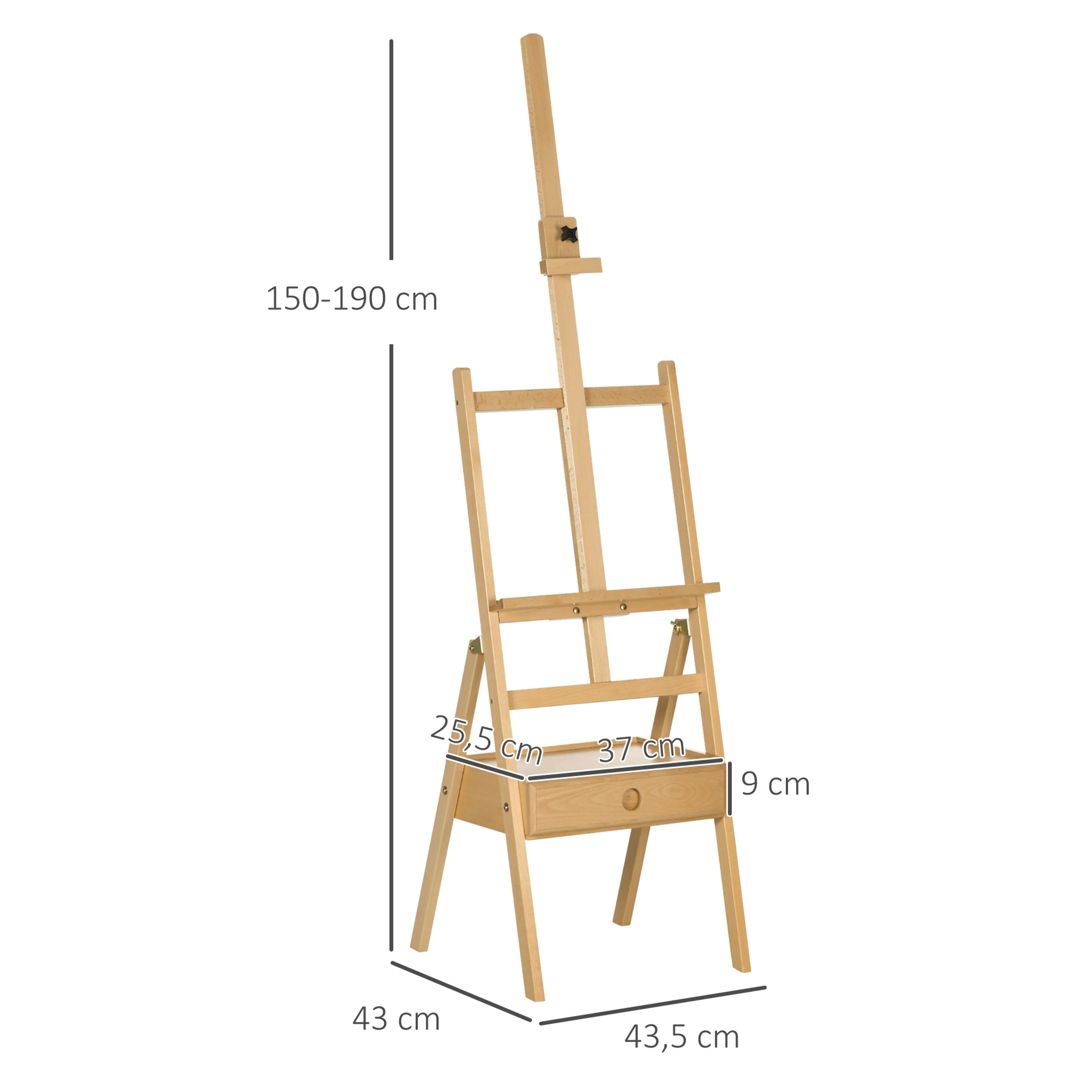 Måttbild: staffliet är 43 × 43,5 cm vid foten och upp till 190 cm högt