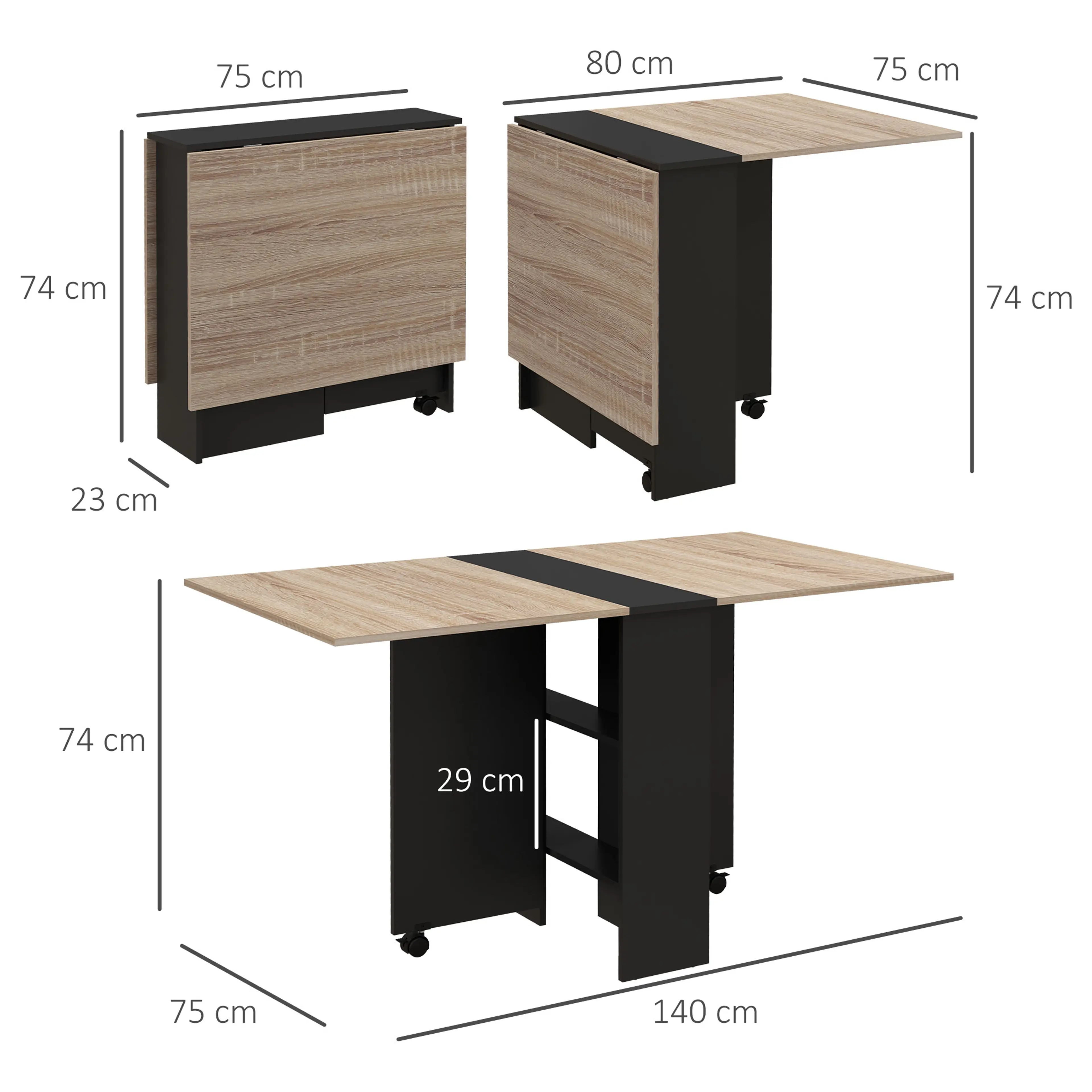 Måttskiss på klaffbordet: 140 x 75 cm utfällt, 80 cm med en klaff uppe, 23 cm ihopfällt och 74 cm högt