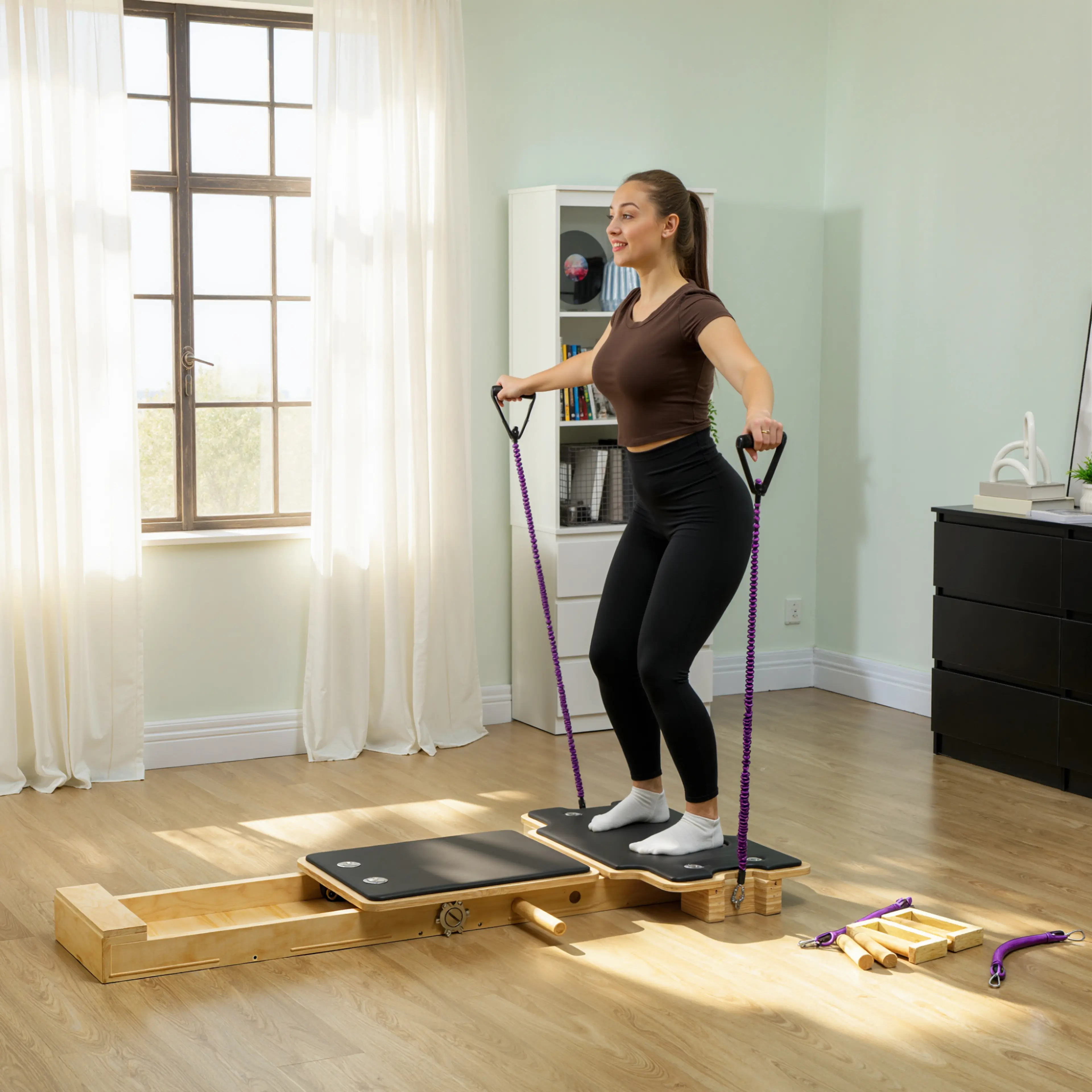 Kvinna står på pilatesbrädans två plattformar och drar i motståndsbanden hemma i vardagsrummet