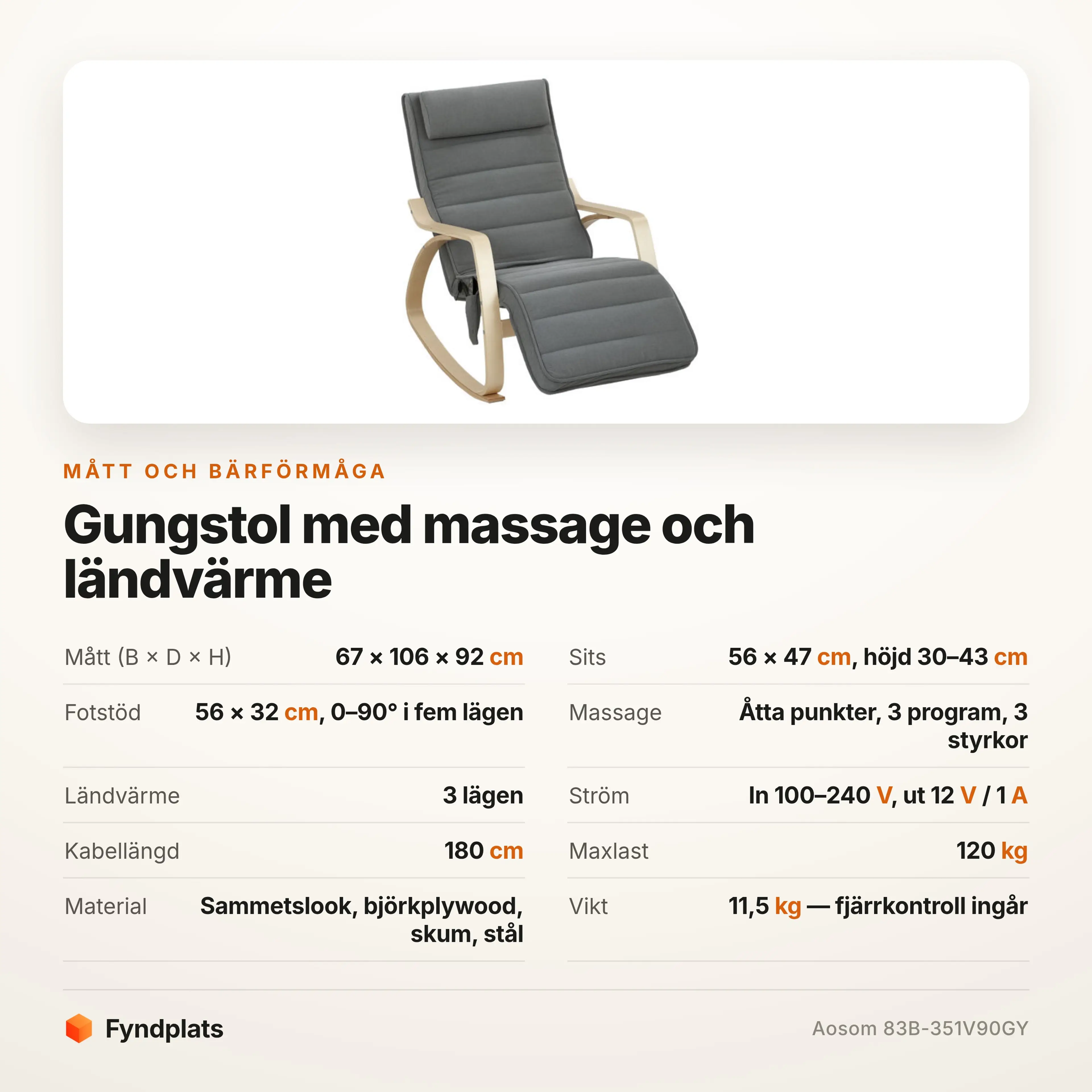 Specifikationskort med massagelägen, ländvärme, ström och maxlast