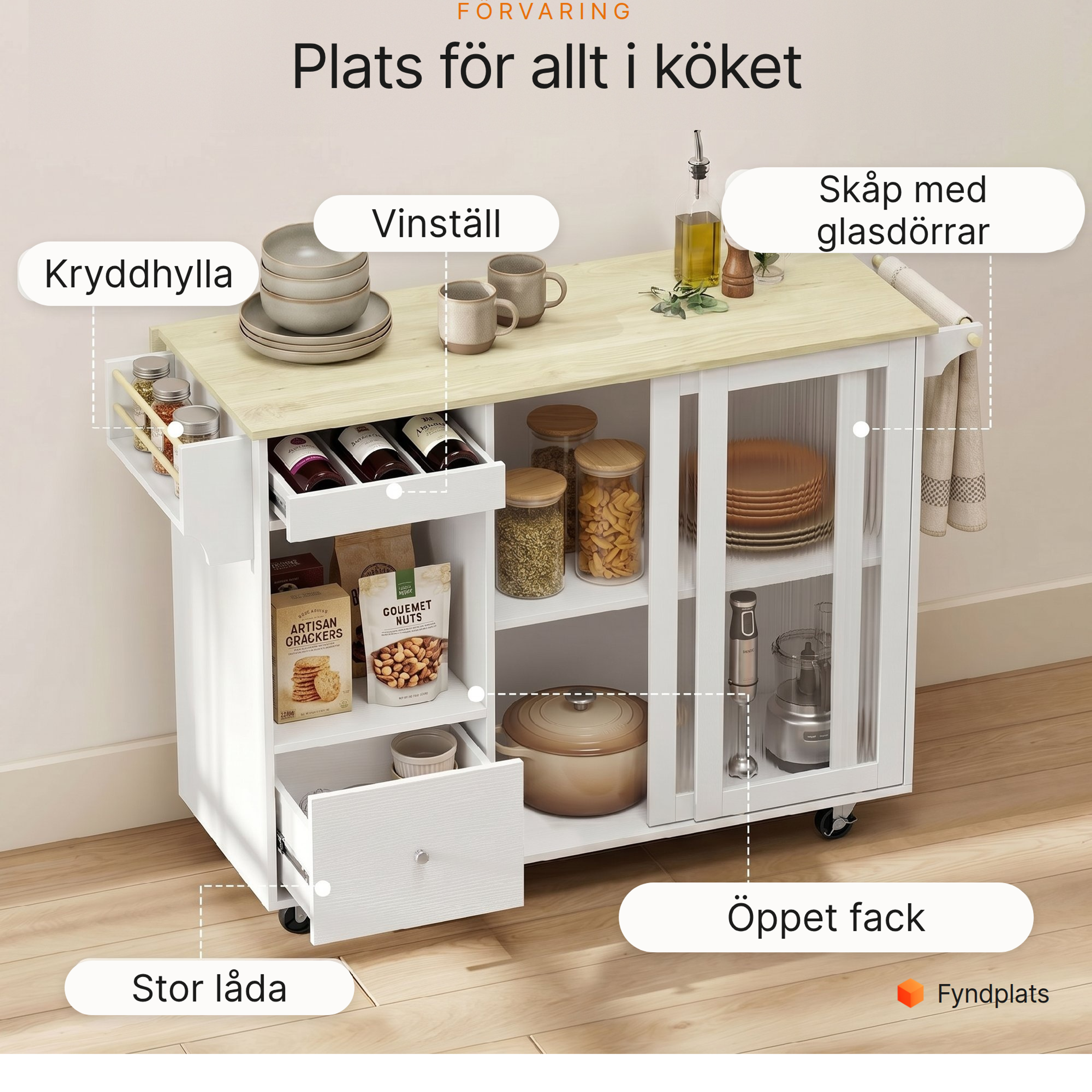 Förvaring i köksön: kryddhylla, vinställ, öppet fack, stor låda och skåp med glasdörrar