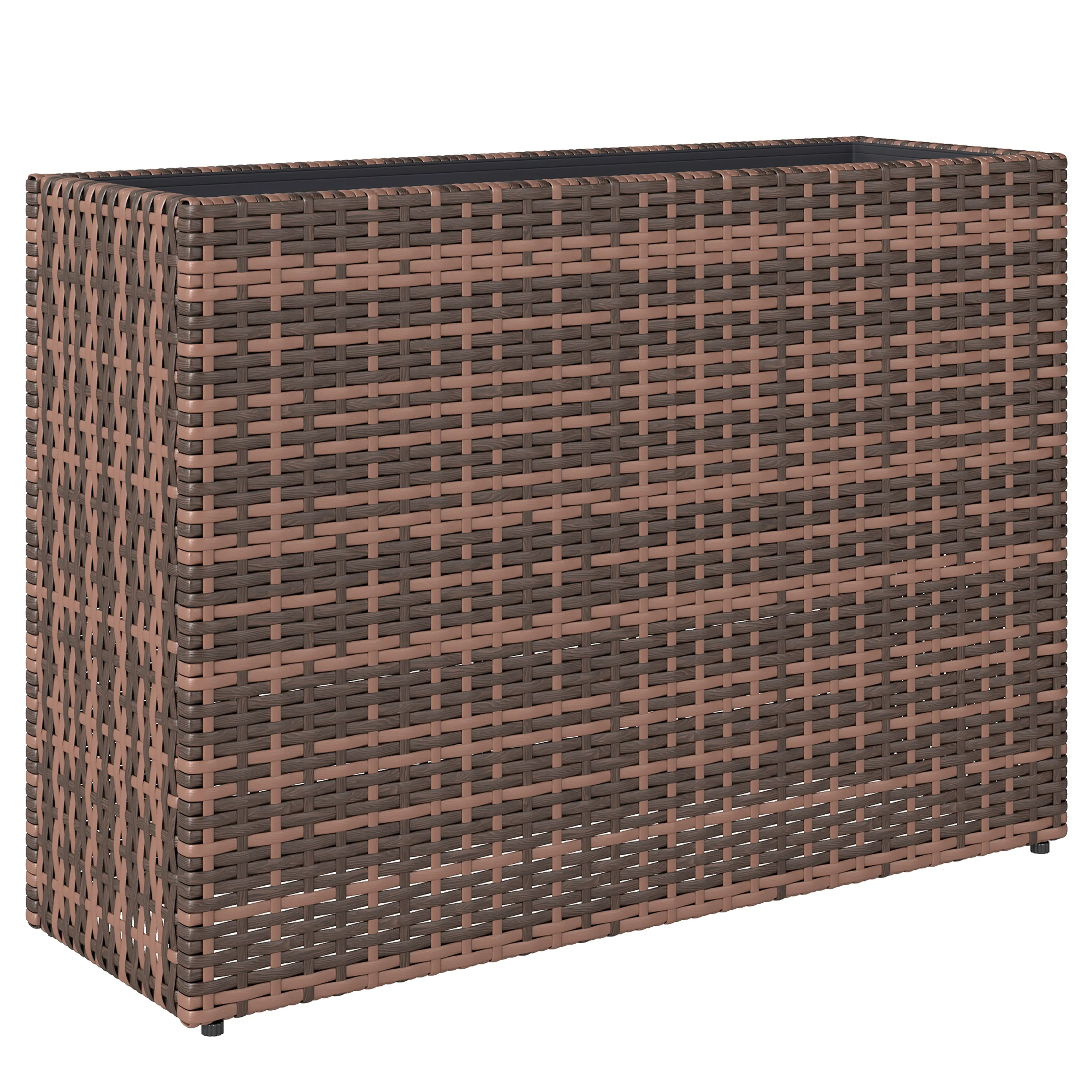 Smal odlingslåda i brun konstrotting på ben, 81 × 28 cm och 58 cm hög
