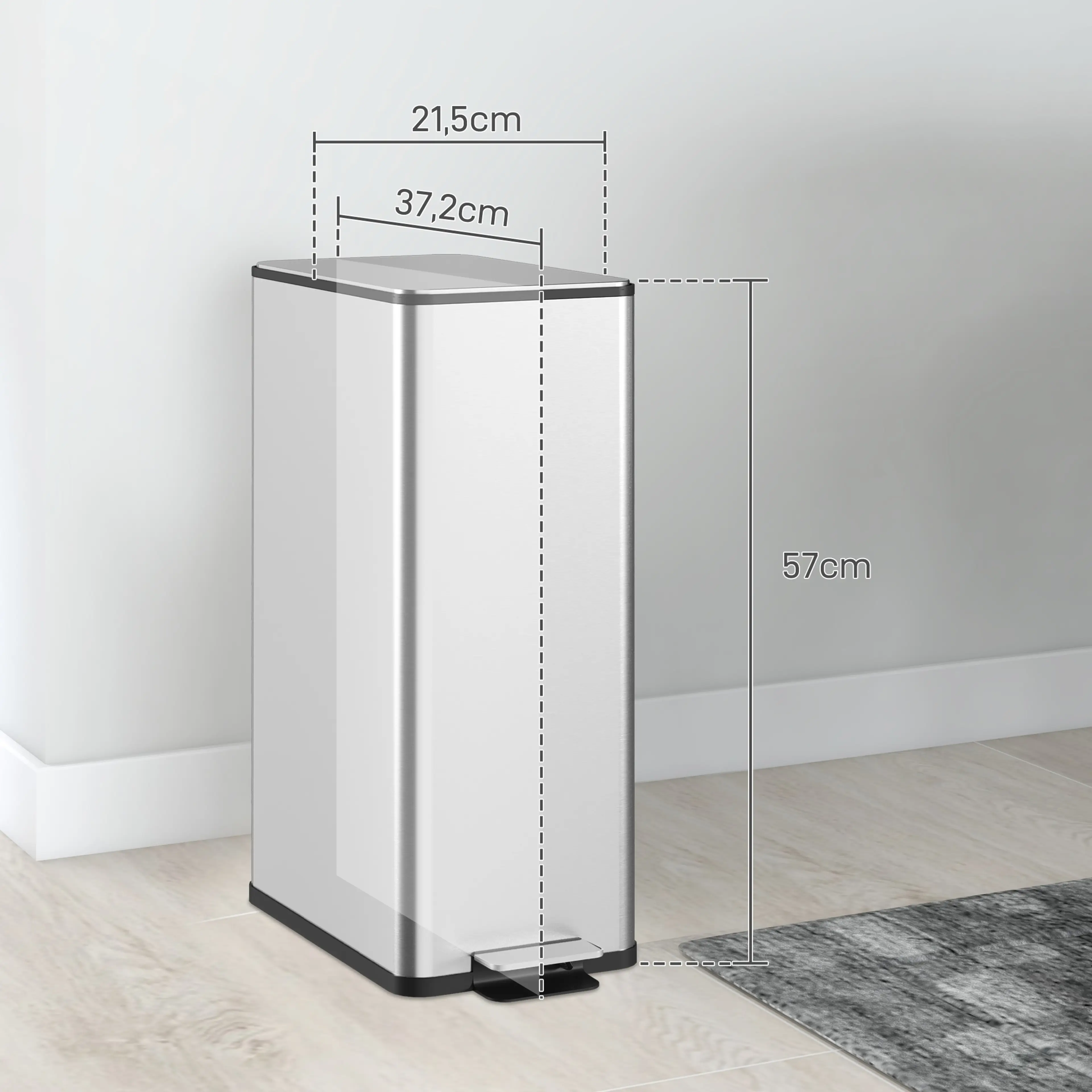 Måttritning över pedalhinken med 21,5 cm bredd, 37,2 cm djup och 57 cm höjd