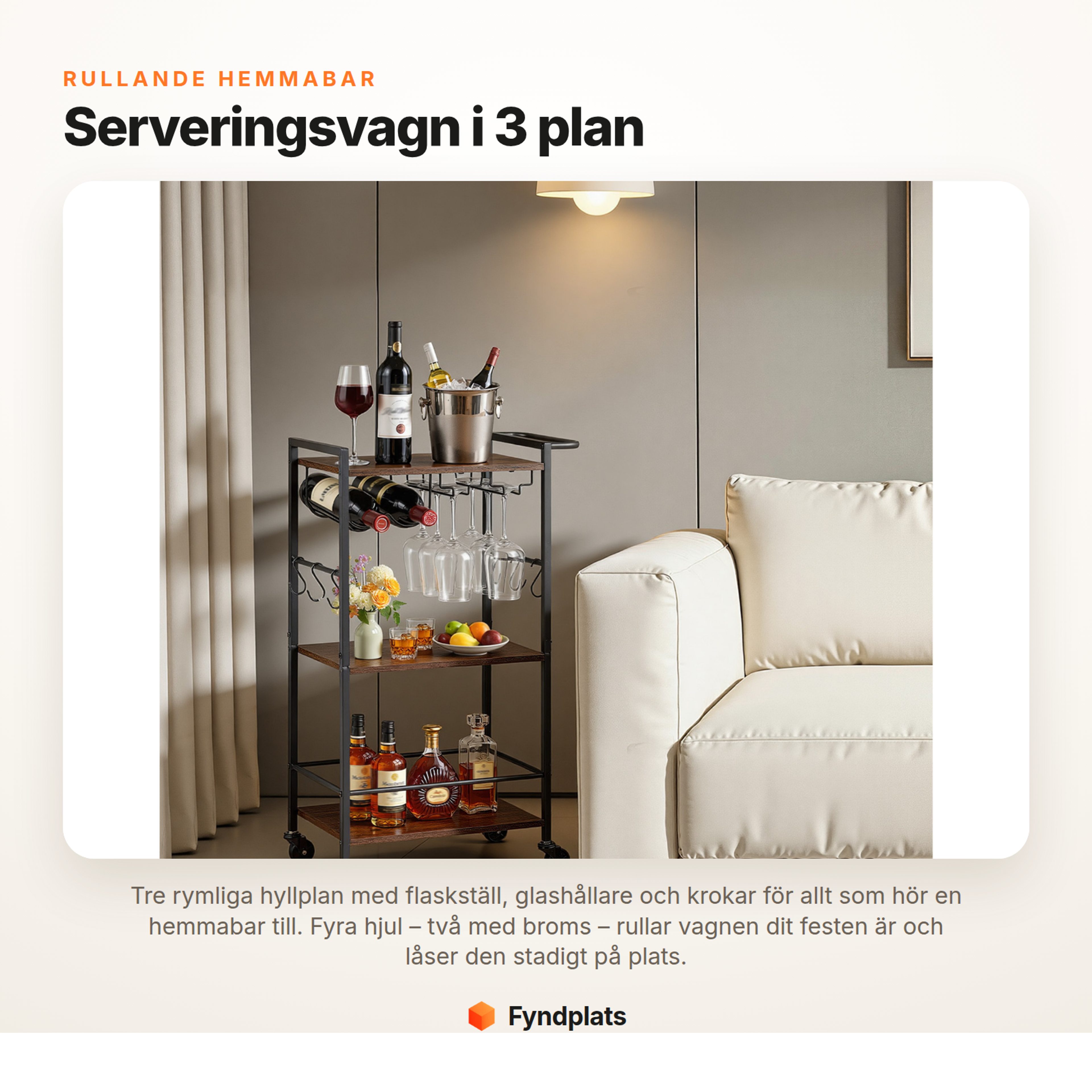 Fyndplats – serveringsvagn i 3 plan med flaskställ, glashållare och låsbara hjul