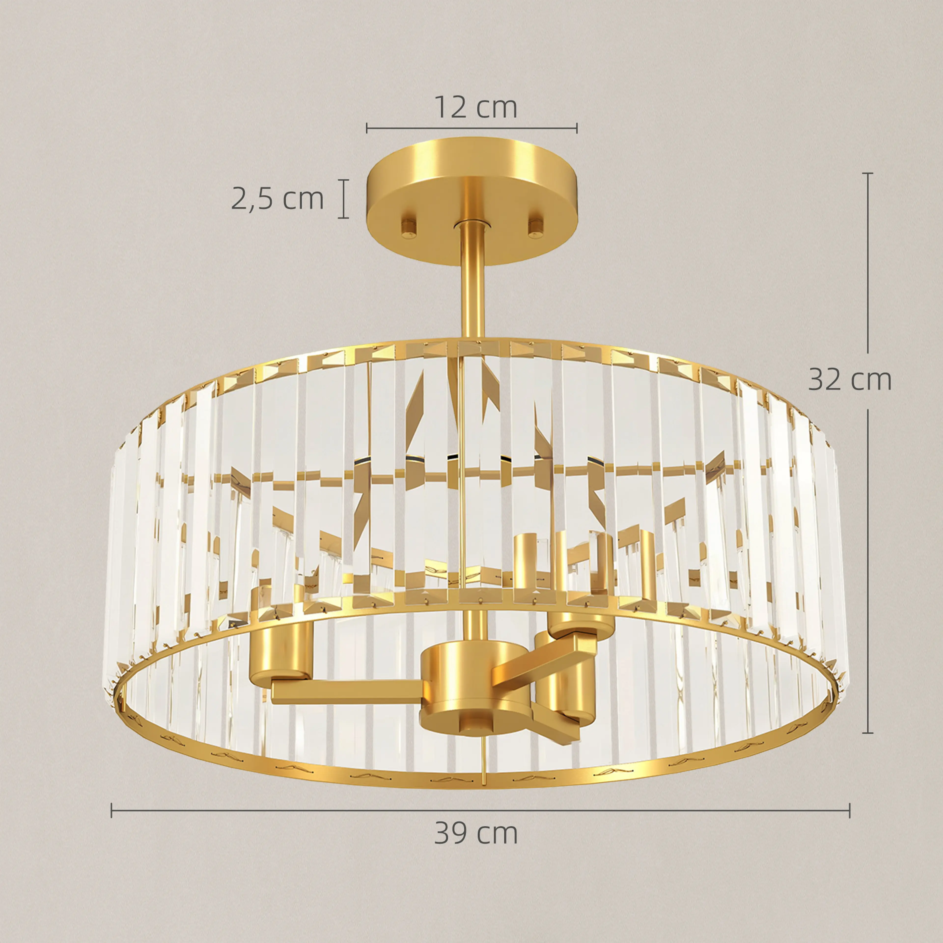 Taklampa i kristall Ø39 cm – semi-flush i guldton, 32 cm bygghöjd – bild 4