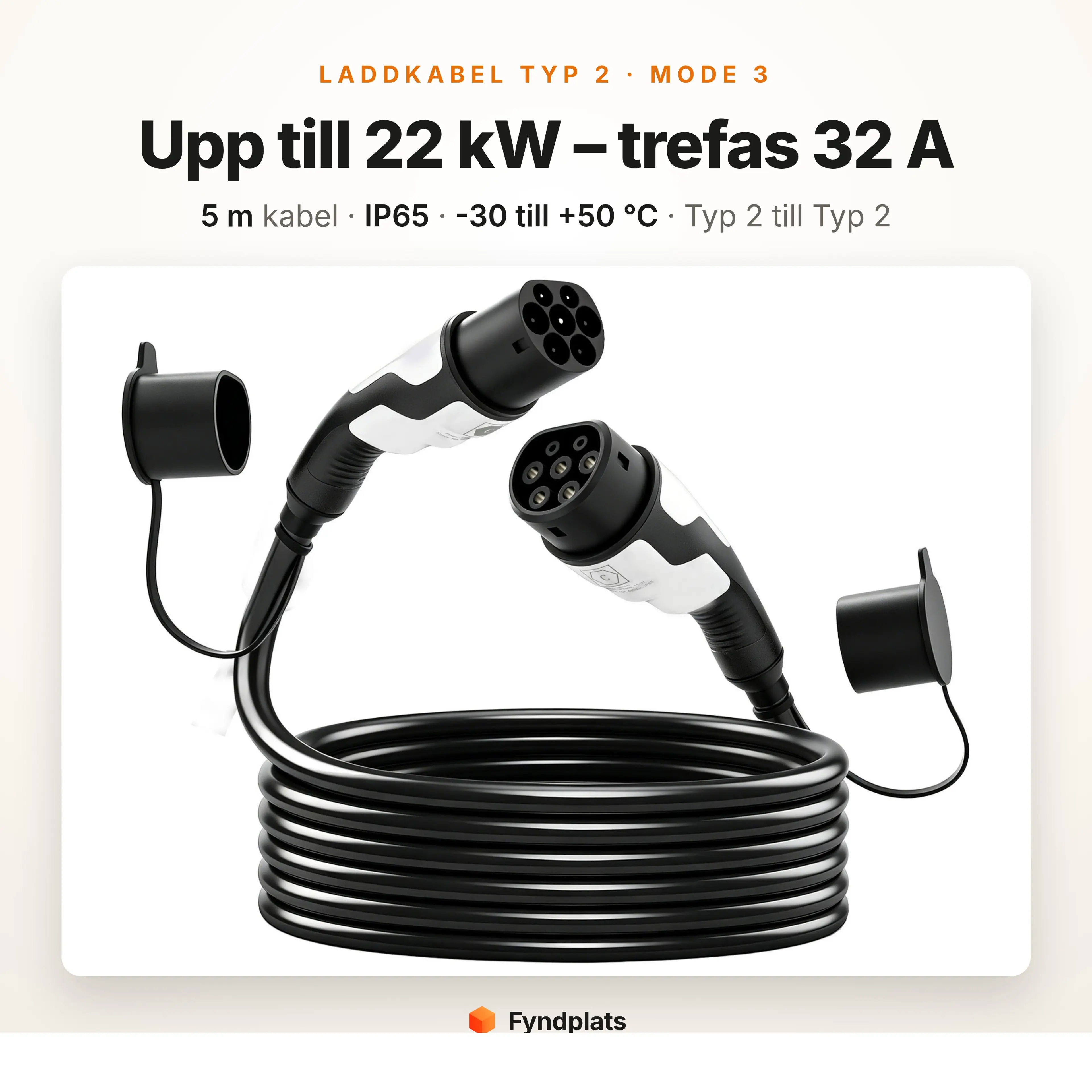 Fyndplats produktkort: laddkabel elbil Typ 2, upp till 22 kW trefas 32 A, 5 m, IP65