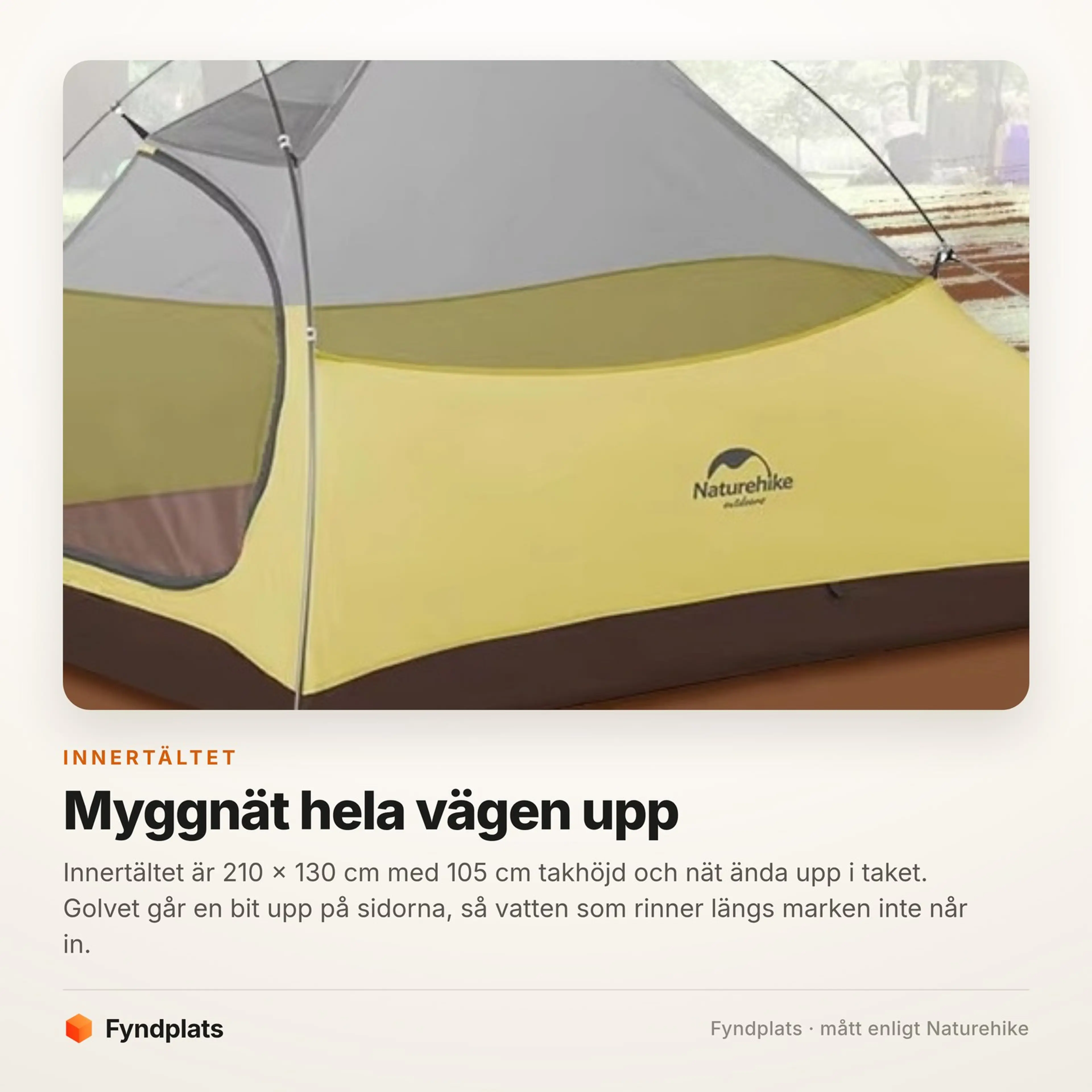 Innertältet med myggnät upp i taket och uppvikt golv, stängerna klickade på utsidan