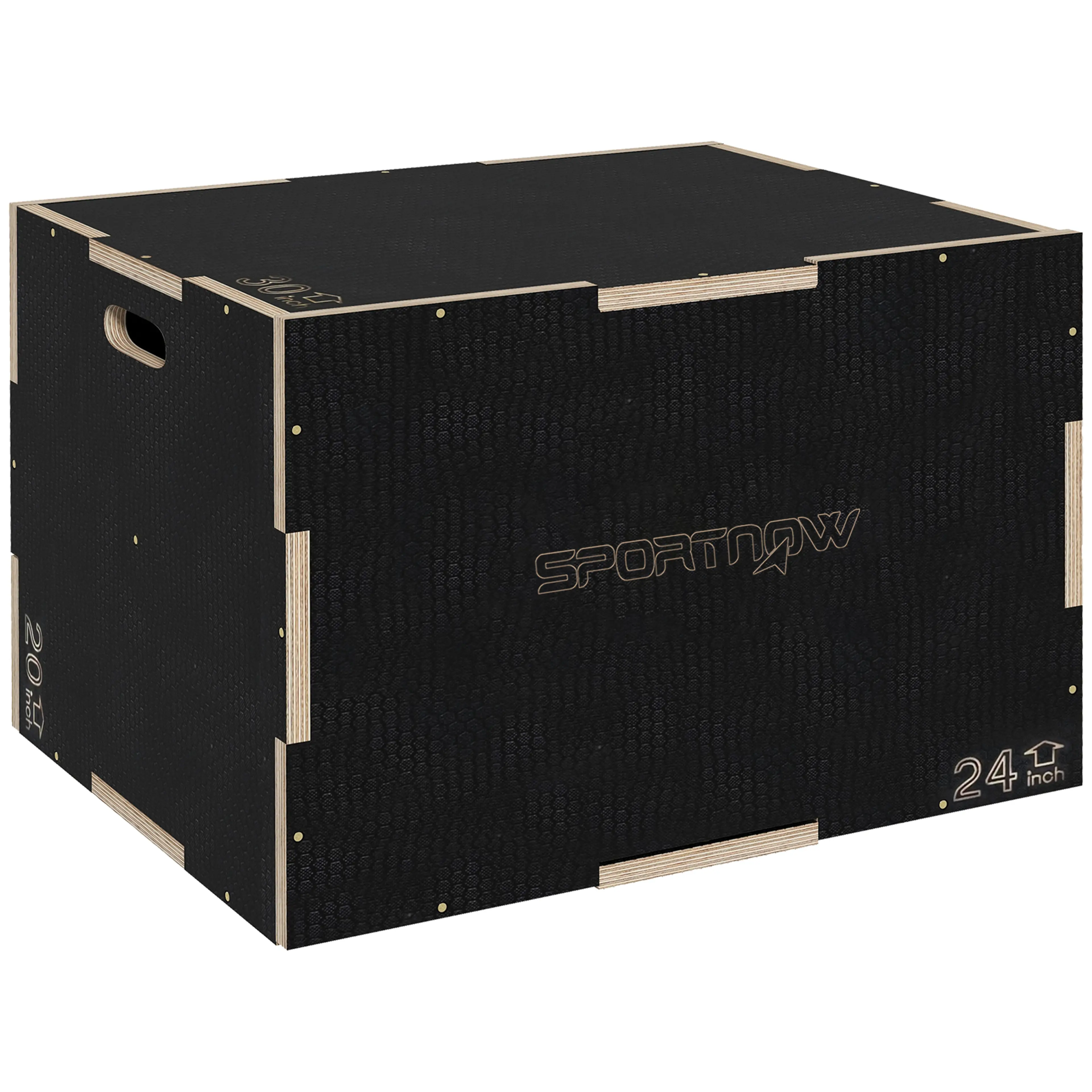 Svart plyo box i trä med urtagna handtag, på vit bakgrund