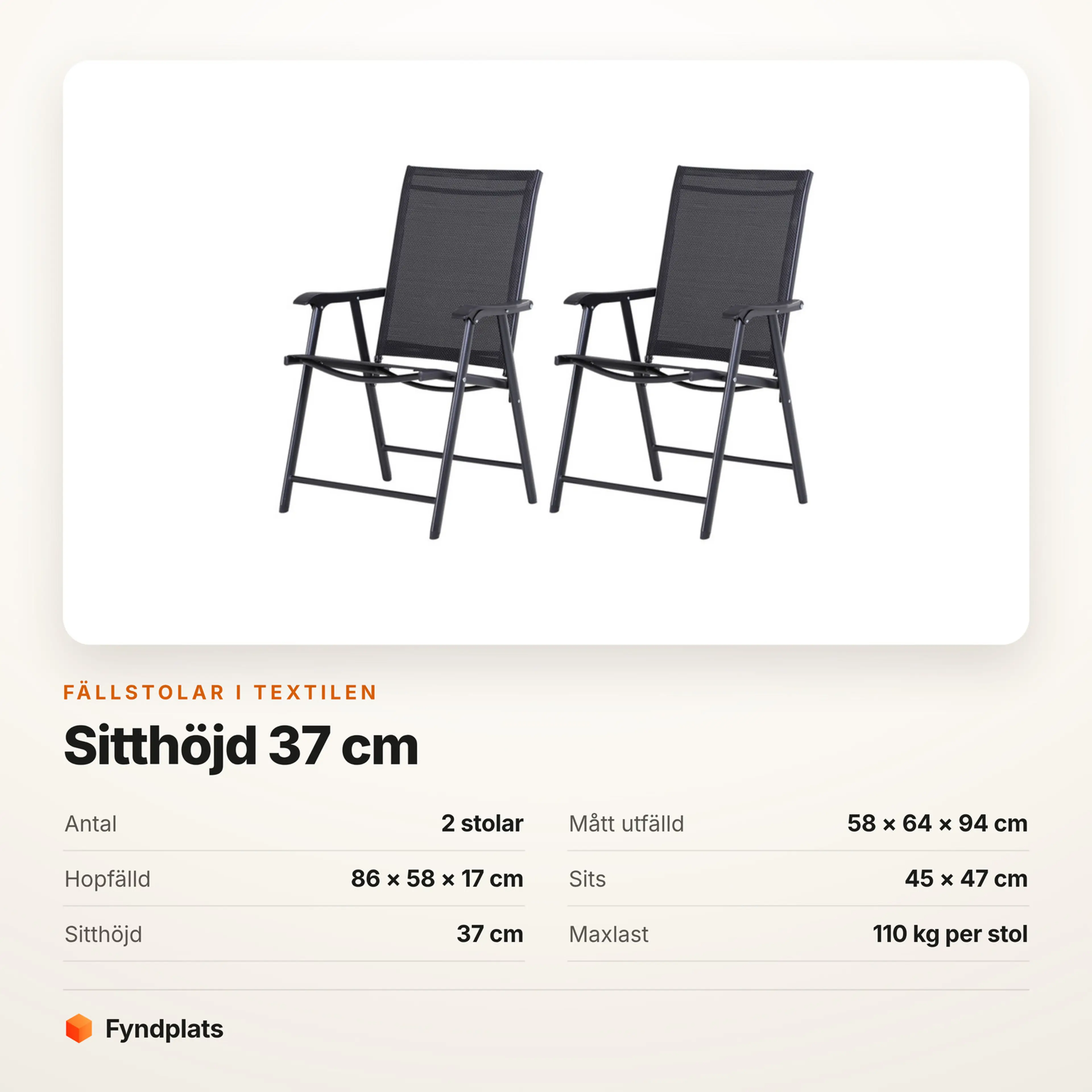Faktakort: fällstolar 2-pack, mått, låg sitthöjd och maxlast