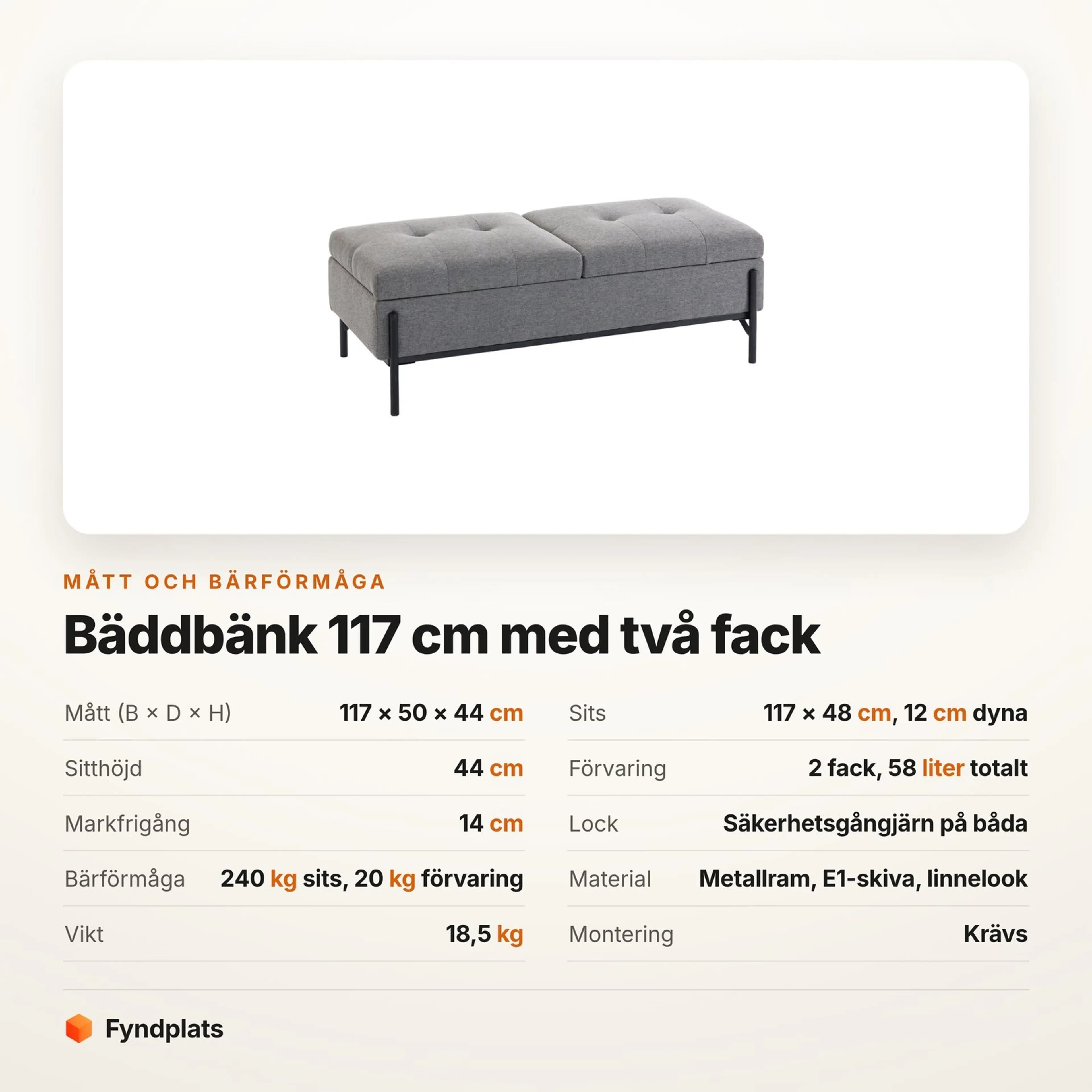 Bäddbänk 117 cm med två fack och 240 kg sitslast – bild 3