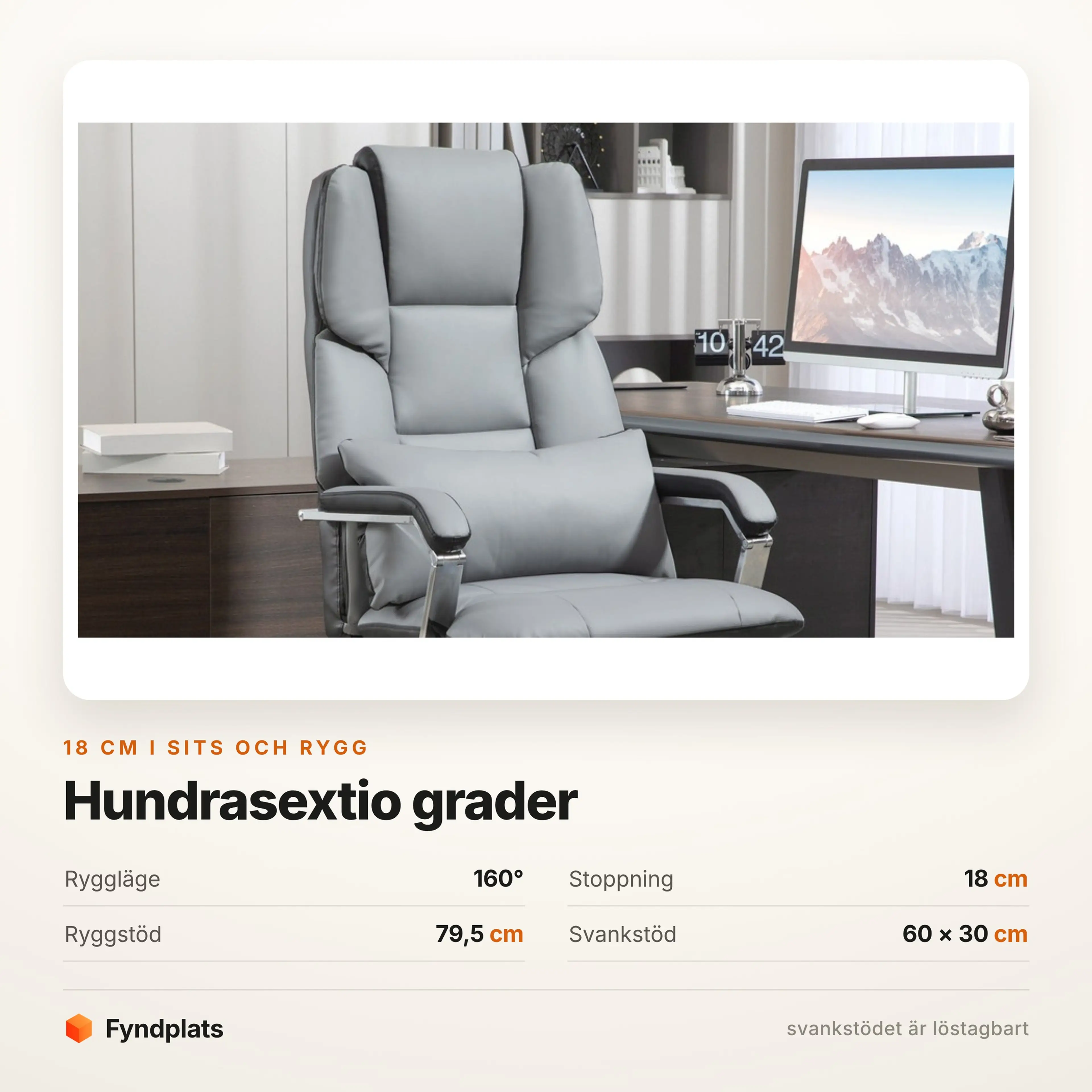 Kontorsstol med 160° ryggläge och 18 cm stoppning – bild 3
